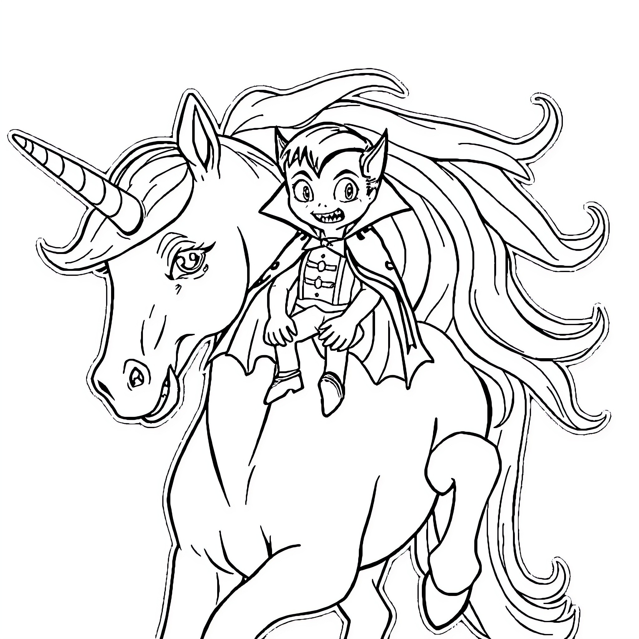 Unicorn and a joyful creature riding together Coloring Page (free black-and-white line drawing printable PDF for all, from beginners to advanced learners, including children, teens, adults, and seniors)