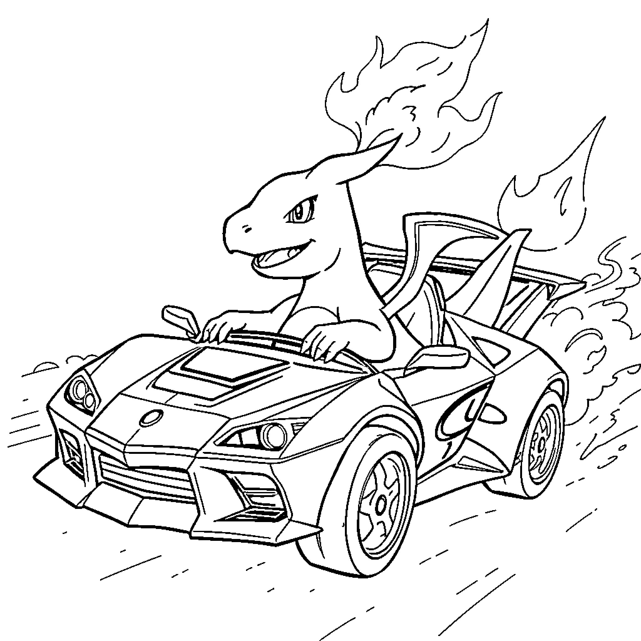 Charizard riding a sports car in high speed Coloring Page (free black-and-white line drawing printable PDF for all, from beginners to advanced learners, including children, teens, adults, and seniors)