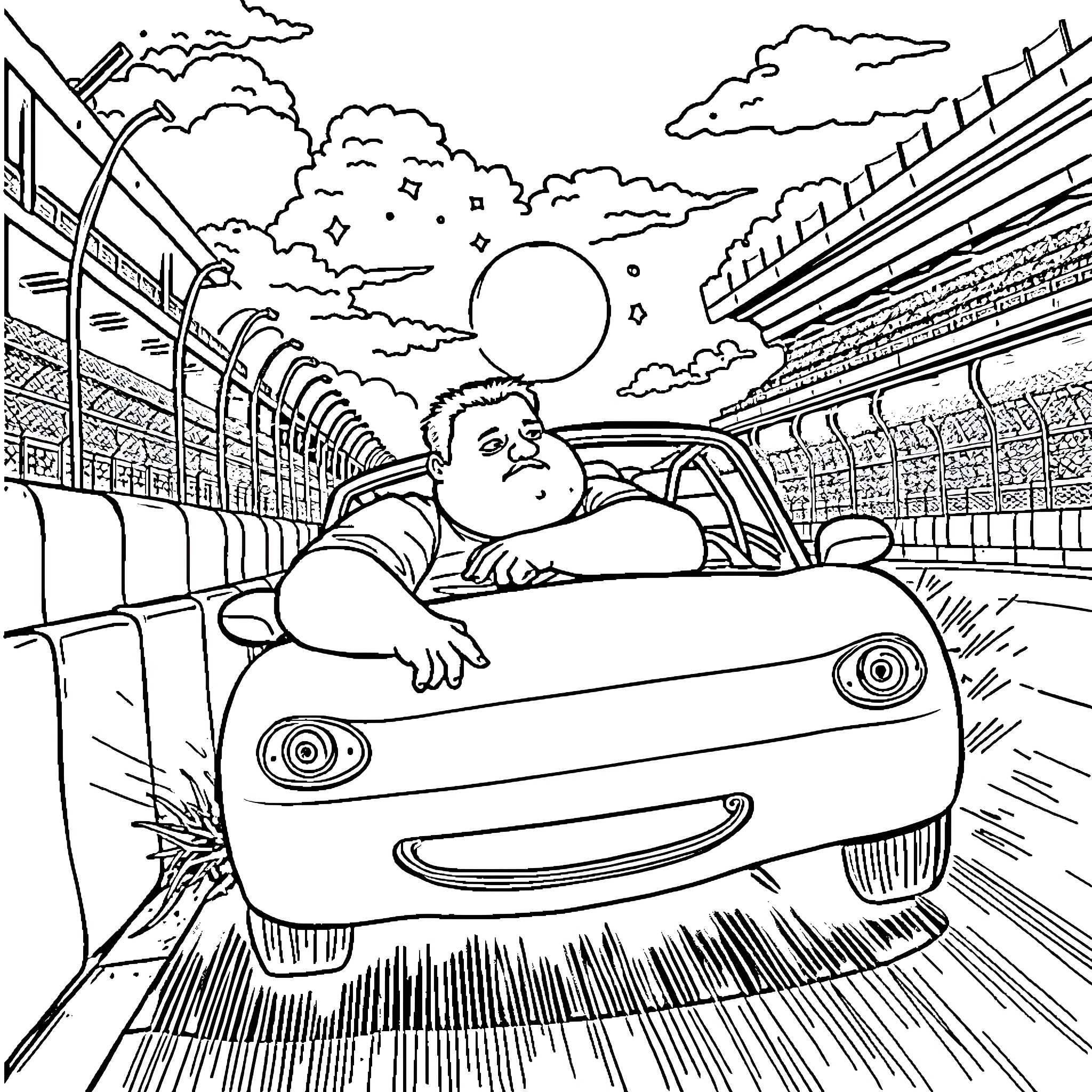 Man sleeping in his car on the road Coloring Page (free black-and-white line drawing printable PDF for all, from beginners to advanced learners, including children, teens, adults, and seniors)
