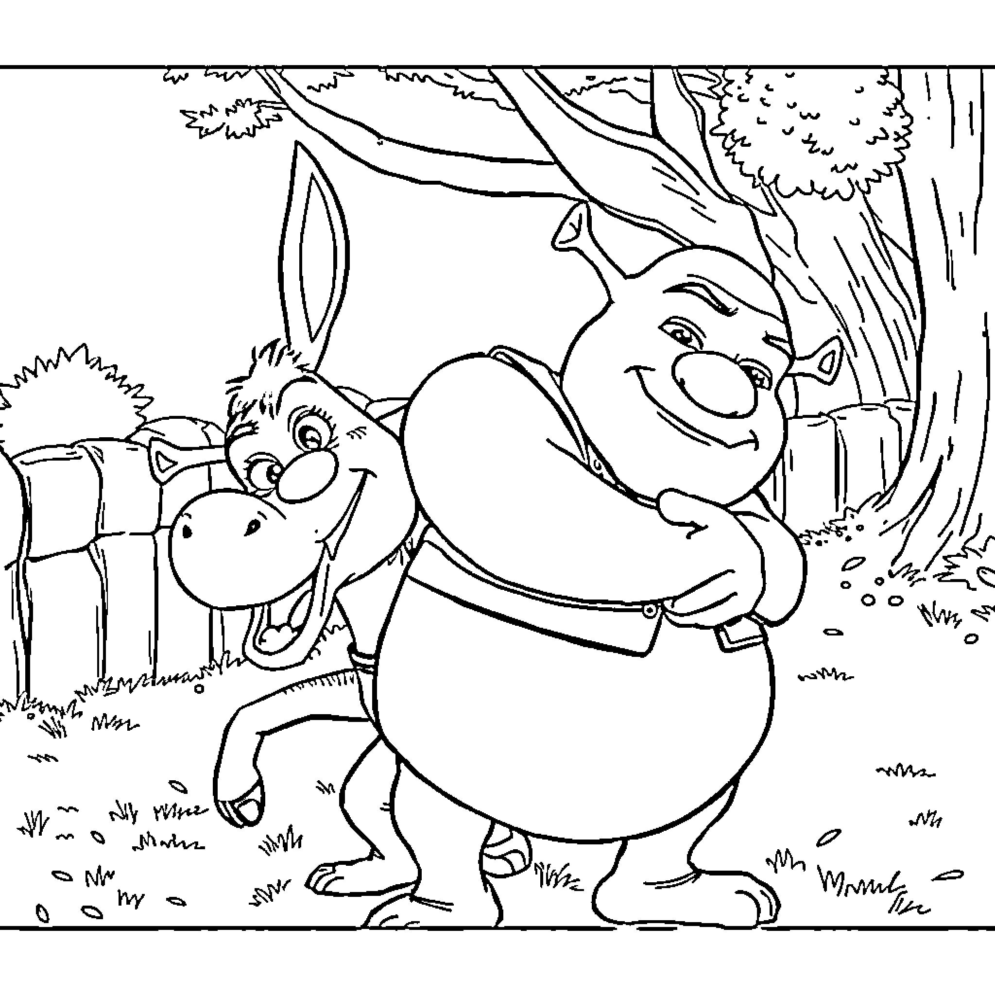 Shrek and Donkey enjoying a forest adventure Coloring Page (free black-and-white line drawing printable PDF for all, from beginners to advanced learners, including children, teens, adults, and seniors)