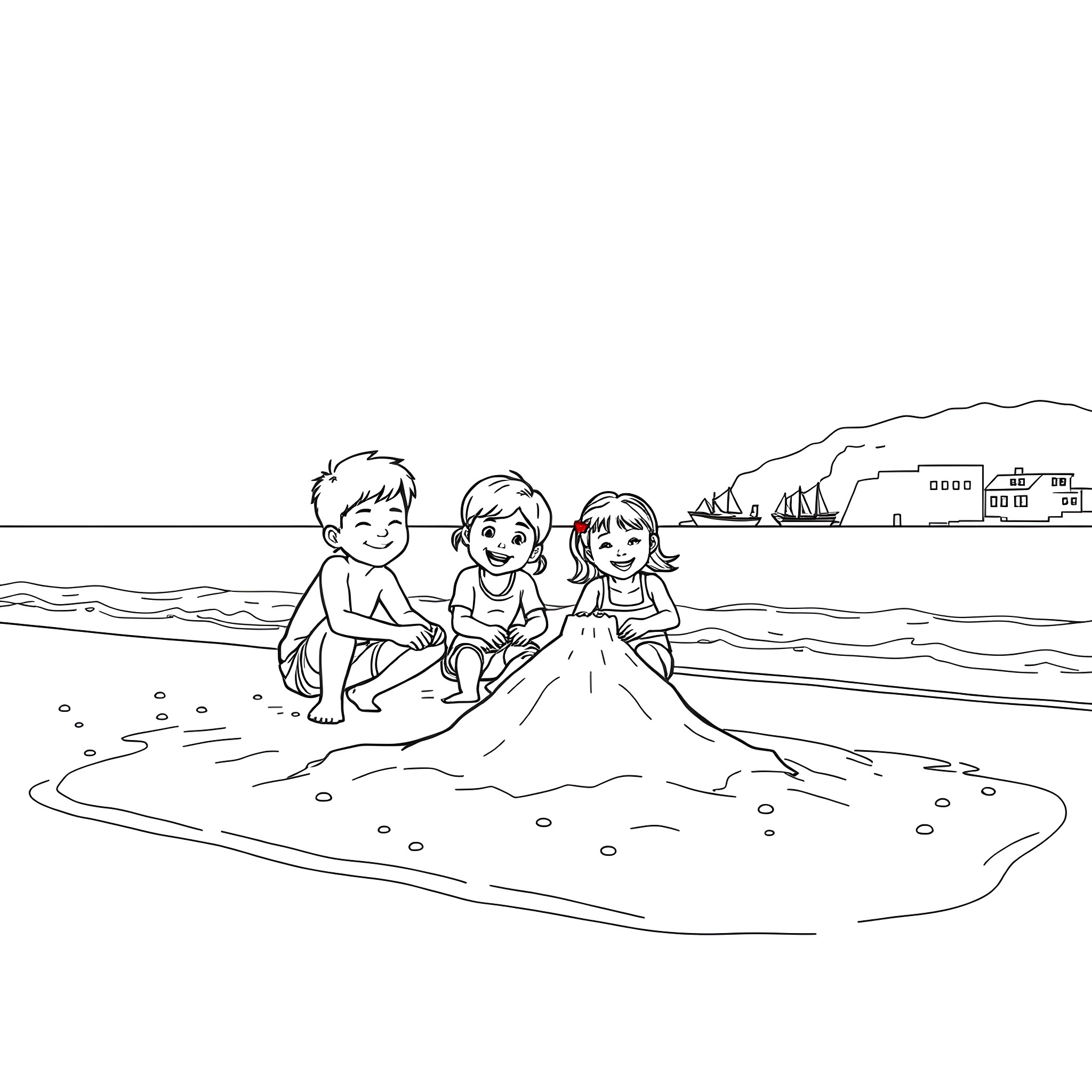 Family enjoying a day at the beach Coloring Page (free black-and-white line drawing printable PDF for all, from beginners to advanced learners, including children, teens, adults, and seniors)