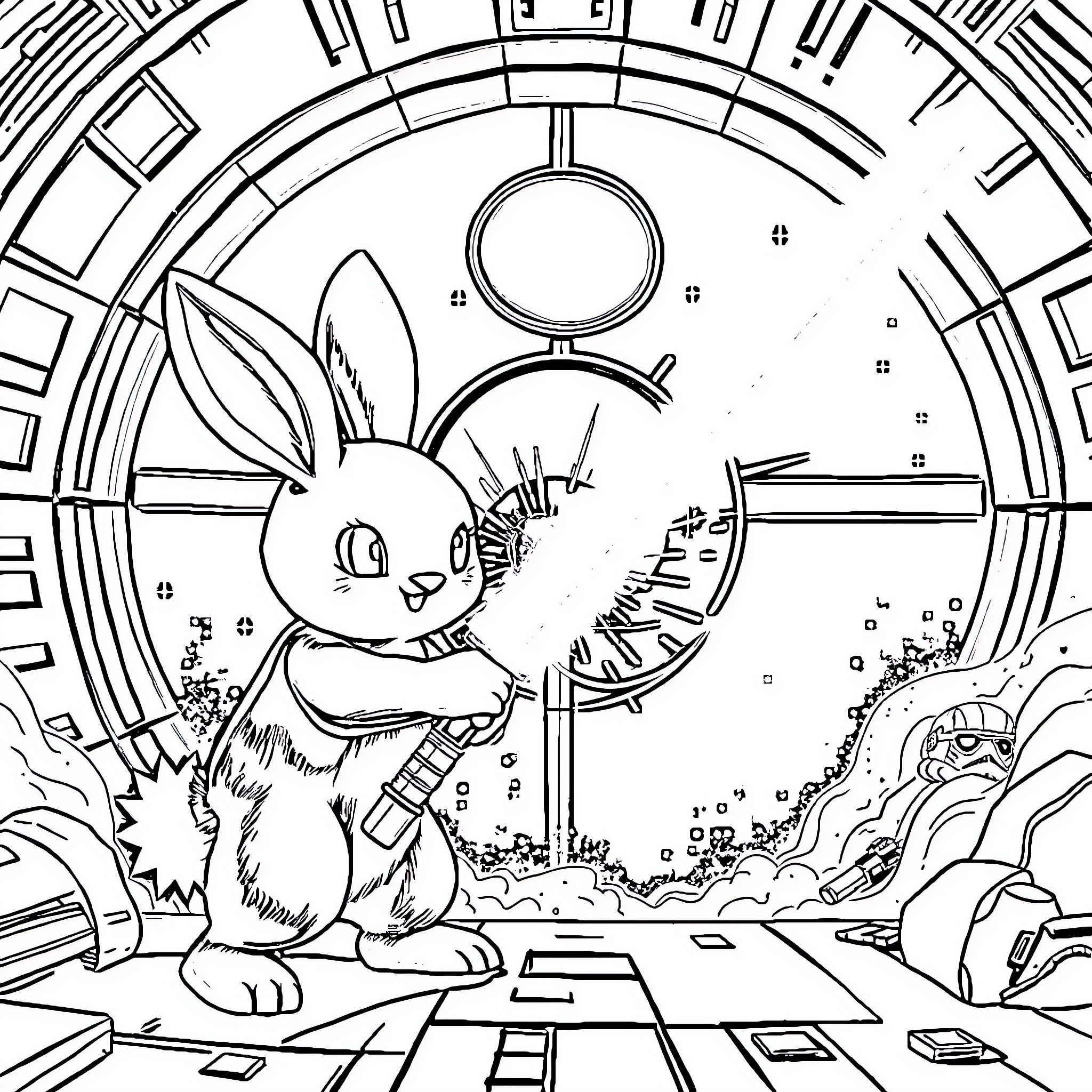 Kuromi holding magic staff in surreal landscape Coloring Page (free black-and-white line drawing printable PDF for all, from beginners to advanced learners, including children, teens, adults, and seniors)