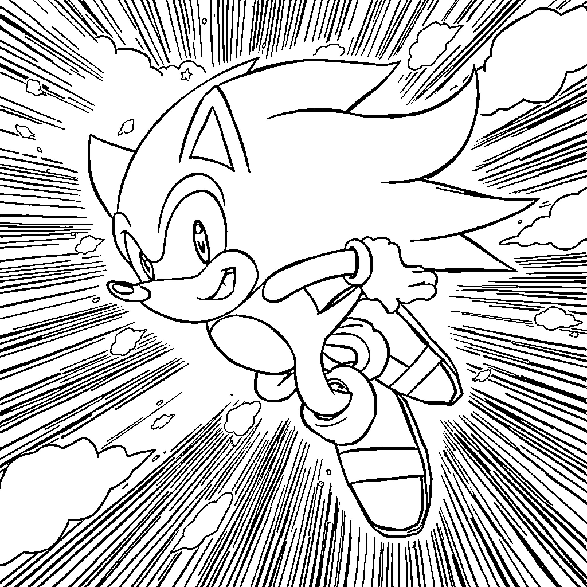 Sonic the Hedgehog running with speed and energy Coloring Page (free black-and-white line drawing printable PDF for all, from beginners to advanced learners, including children, teens, adults, and seniors)