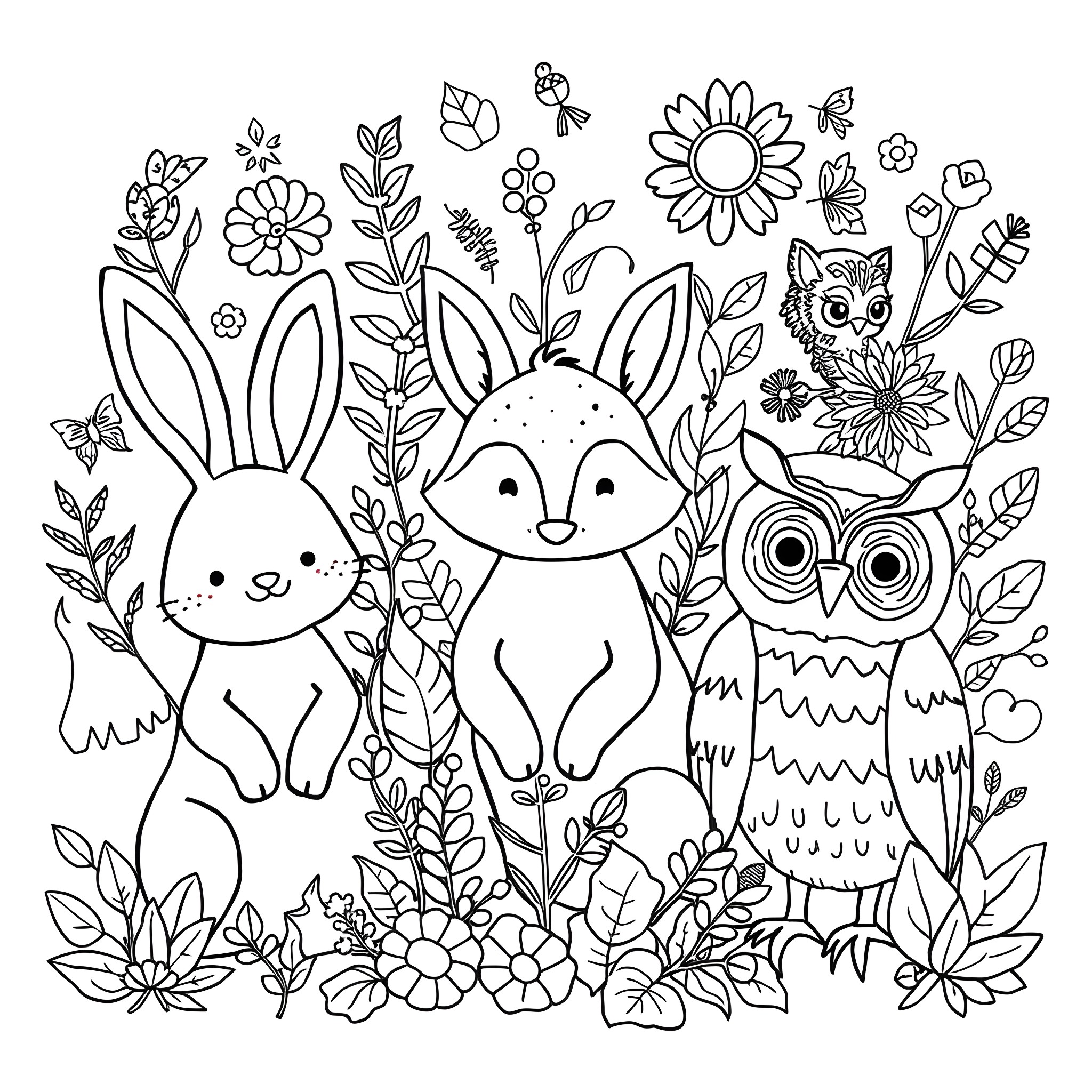 Animal friends in a floral garden Coloring Page (free black-and-white line drawing printable PDF for all, from beginners to advanced learners, including children, teens, adults, and seniors)