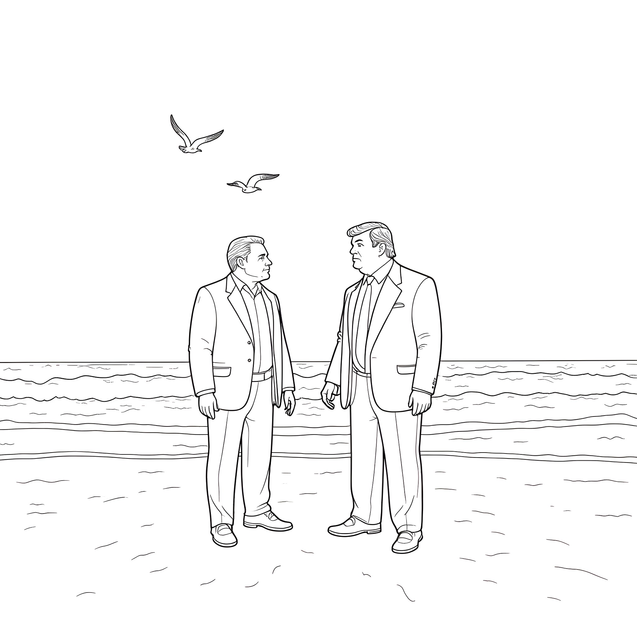 Elon Musk in conversation with a business partner on the beach Coloring Page (free black-and-white line drawing printable PDF for all, from beginners to advanced learners, including children, teens, adults, and seniors)