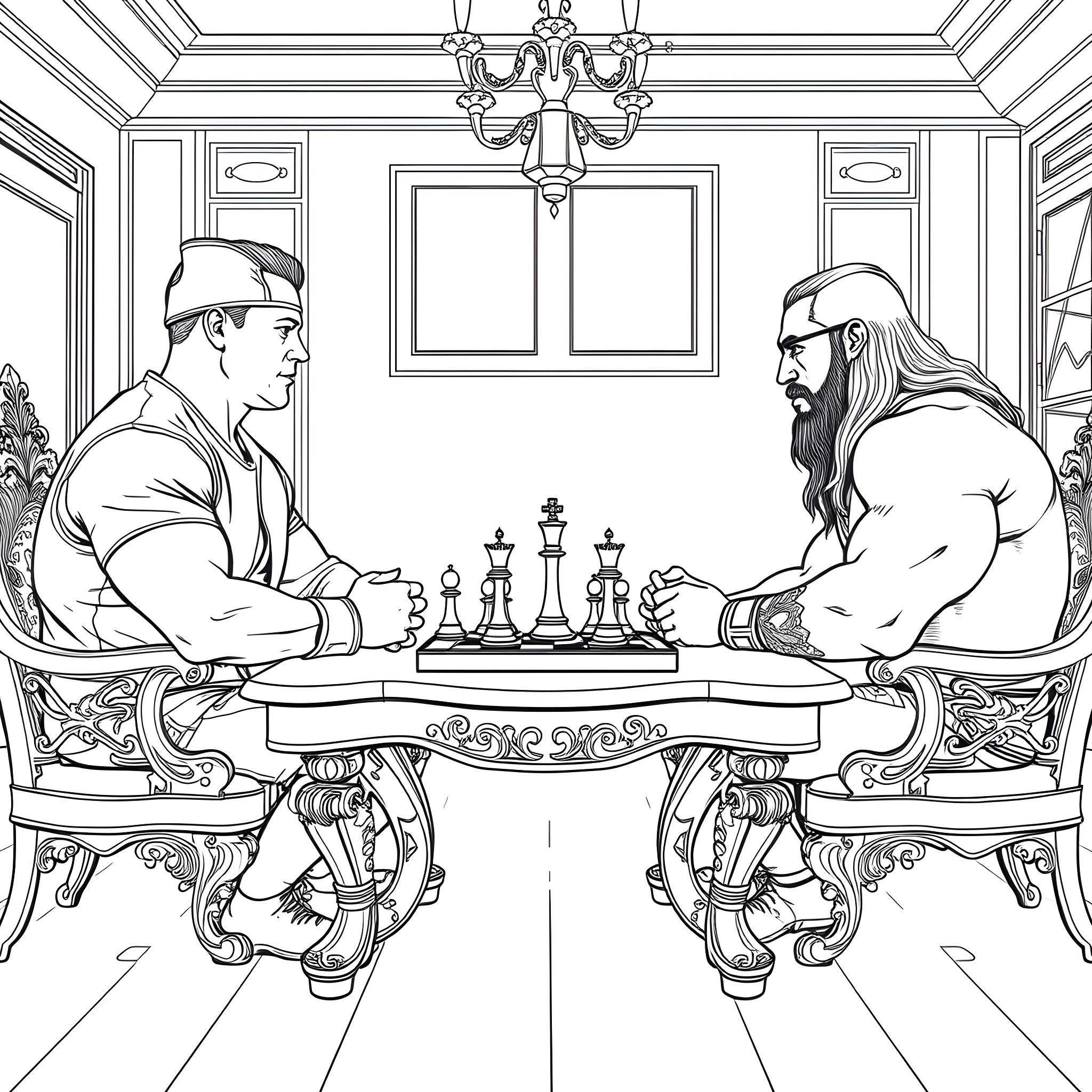 John Cena playing chess with a long-haired opponent in a luxurious room Coloring Page (free black-and-white line drawing printable PDF for all, from beginners to advanced learners, including children, teens, adults, and seniors)