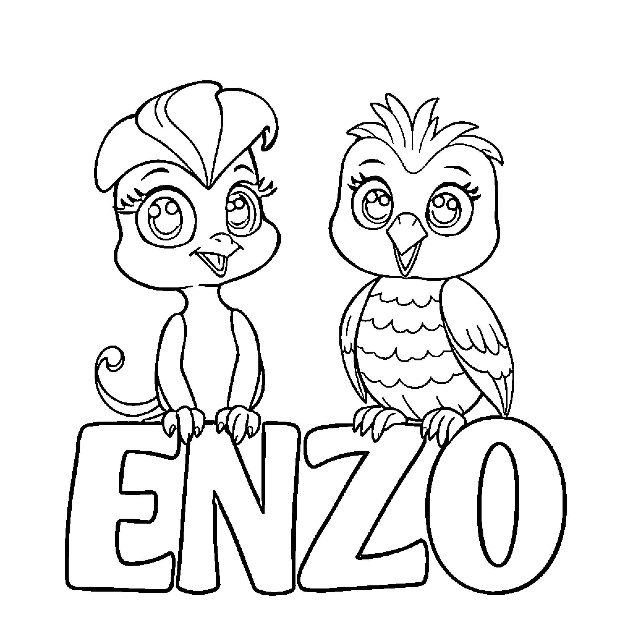 Owl Pair Posing with Enzo Text Coloring Page (free black-and-white line drawing printable PDF for all, from beginners to advanced learners, including children, teens, adults, and seniors)