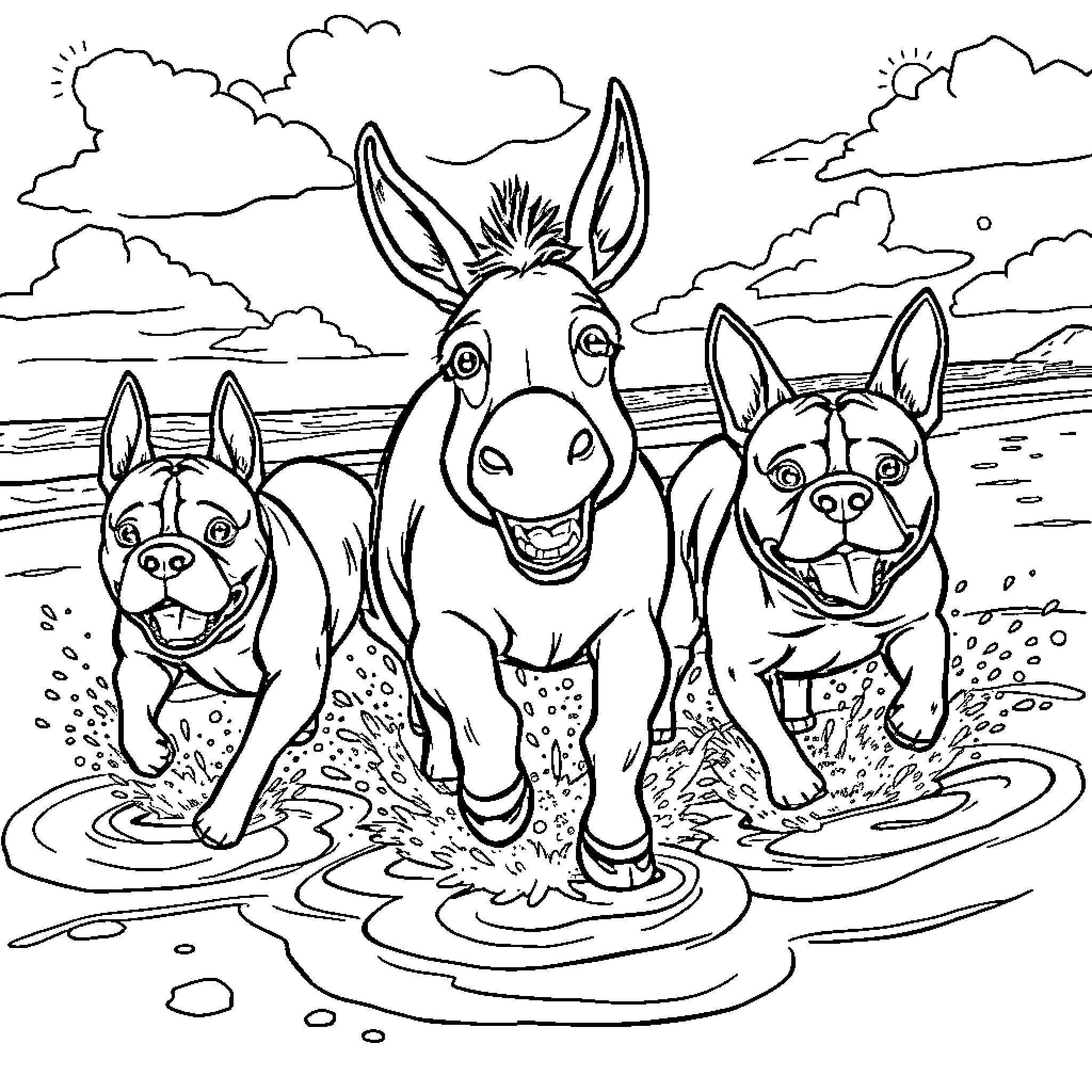 Donkeys splashing in a puddle with their friends Coloring Page (free black-and-white line drawing printable PDF for all, from beginners to advanced learners, including children, teens, adults, and seniors)