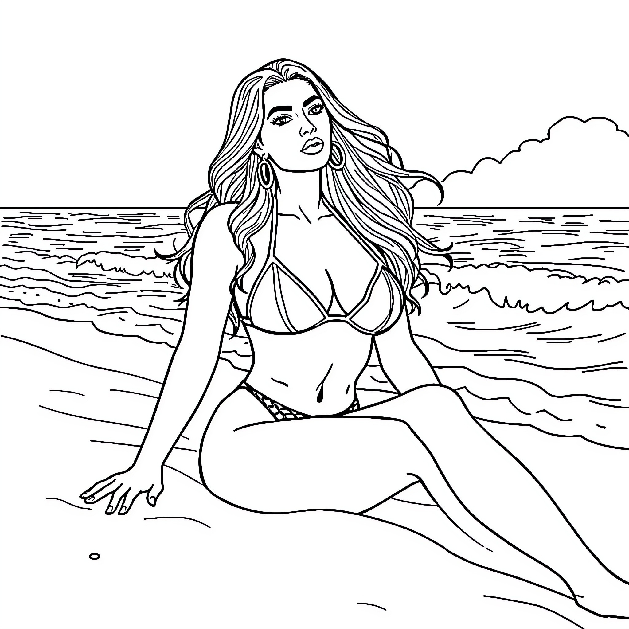 Kim Kardashian relaxing on the beach Coloring Page (free black-and-white line drawing printable PDF for all, from beginners to advanced learners, including children, teens, adults, and seniors)