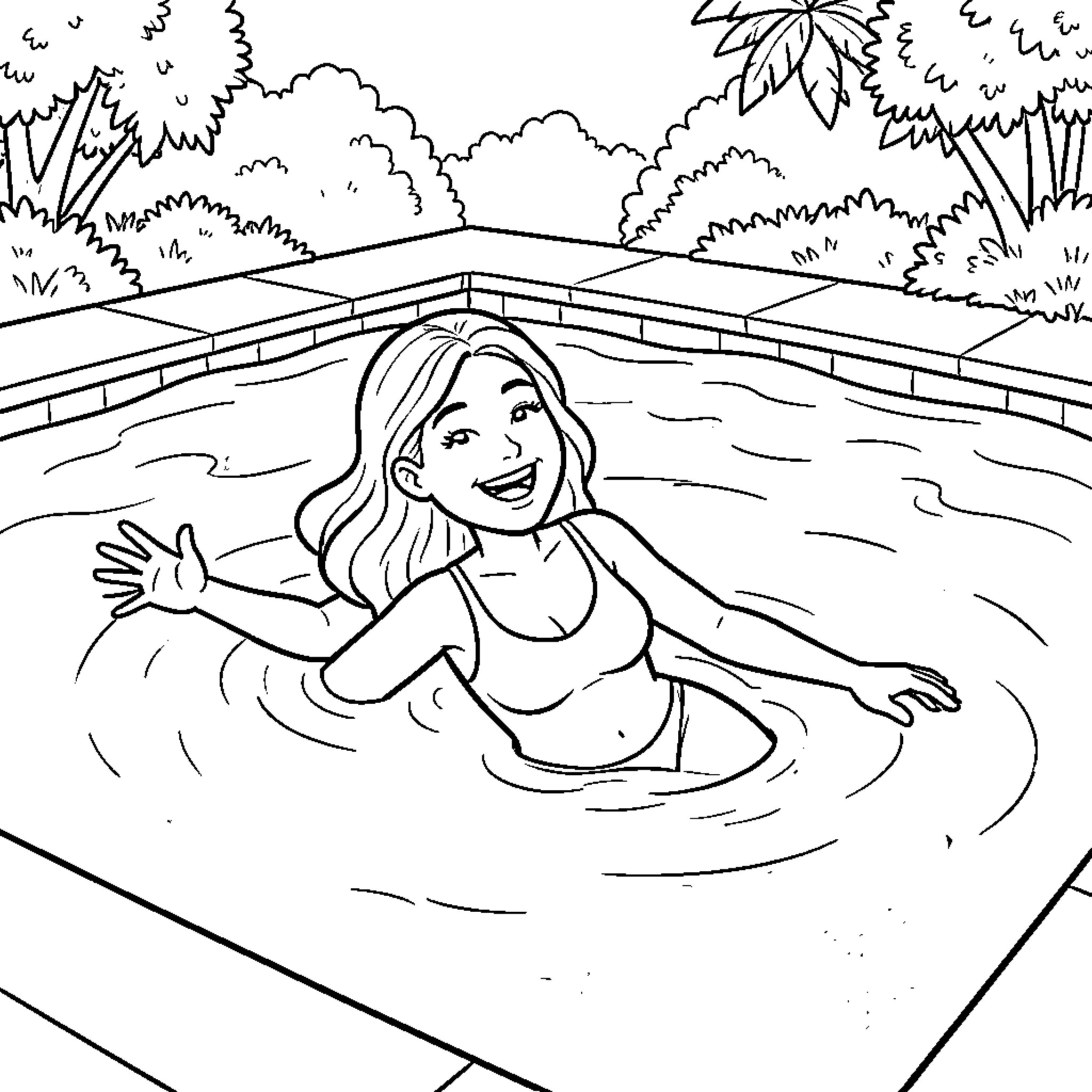 Mom smiling while relaxing in a swimming pool Coloring Page (free black-and-white line drawing printable PDF for all, from beginners to advanced learners, including children, teens, adults, and seniors)
