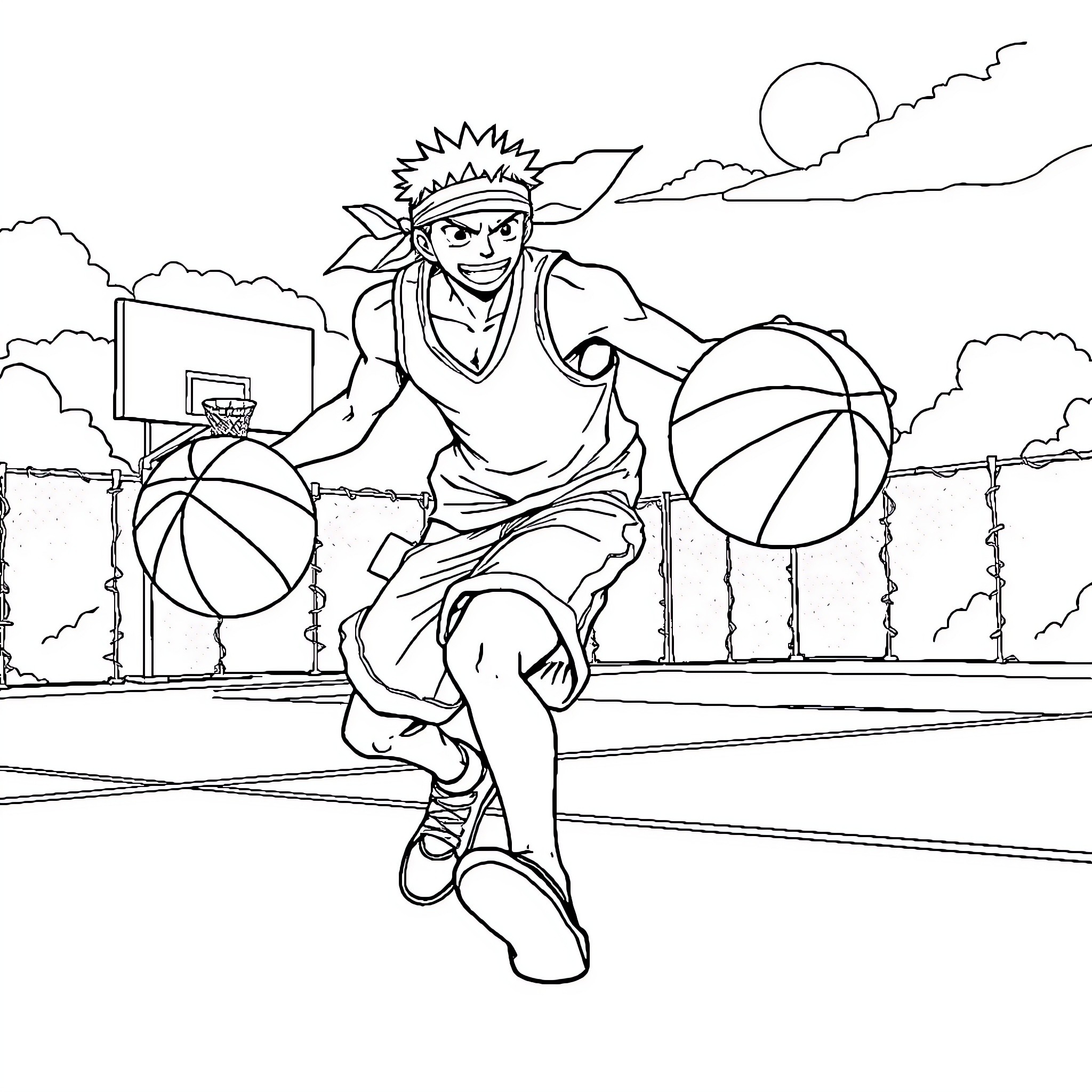 Zoro Playing Basketball in the Outdoors Coloring Page (free black-and-white line drawing printable PDF for all, from beginners to advanced learners, including children, teens, adults, and seniors)