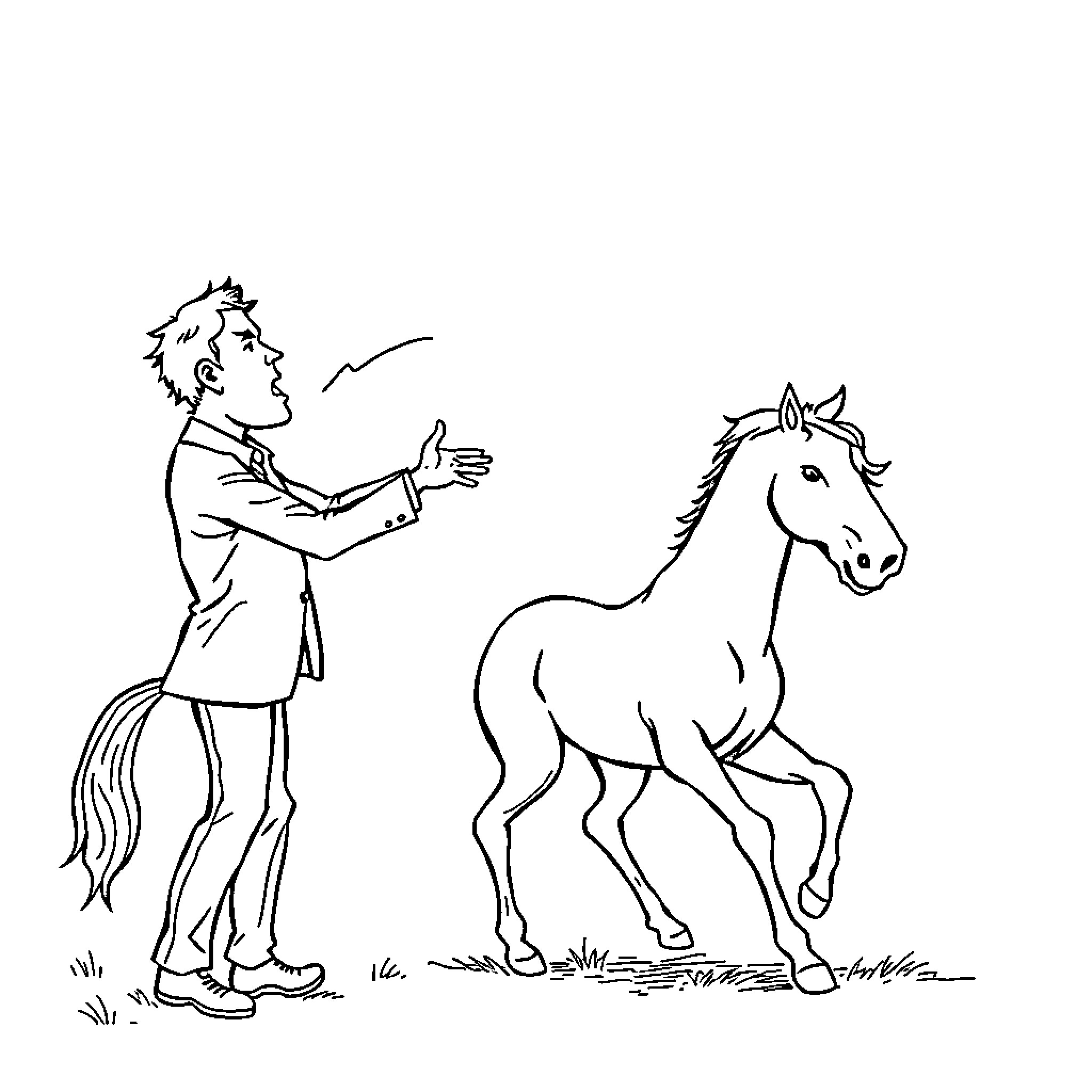 Horse Being Trained by Rider in the Field Coloring Page (free black-and-white line drawing printable PDF for all, from beginners to advanced learners, including children, teens, adults, and seniors)
