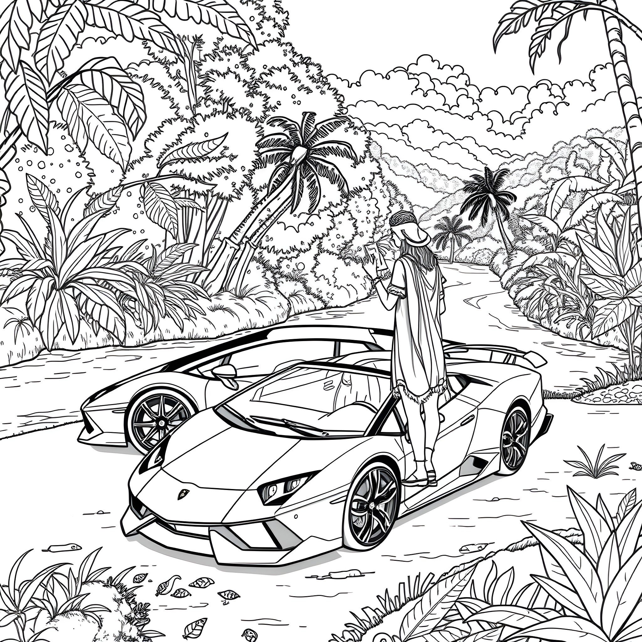 Lamborghini supercar in a tropical paradise Coloring Page (free black-and-white line drawing printable PDF for all, from beginners to advanced learners, including children, teens, adults, and seniors)