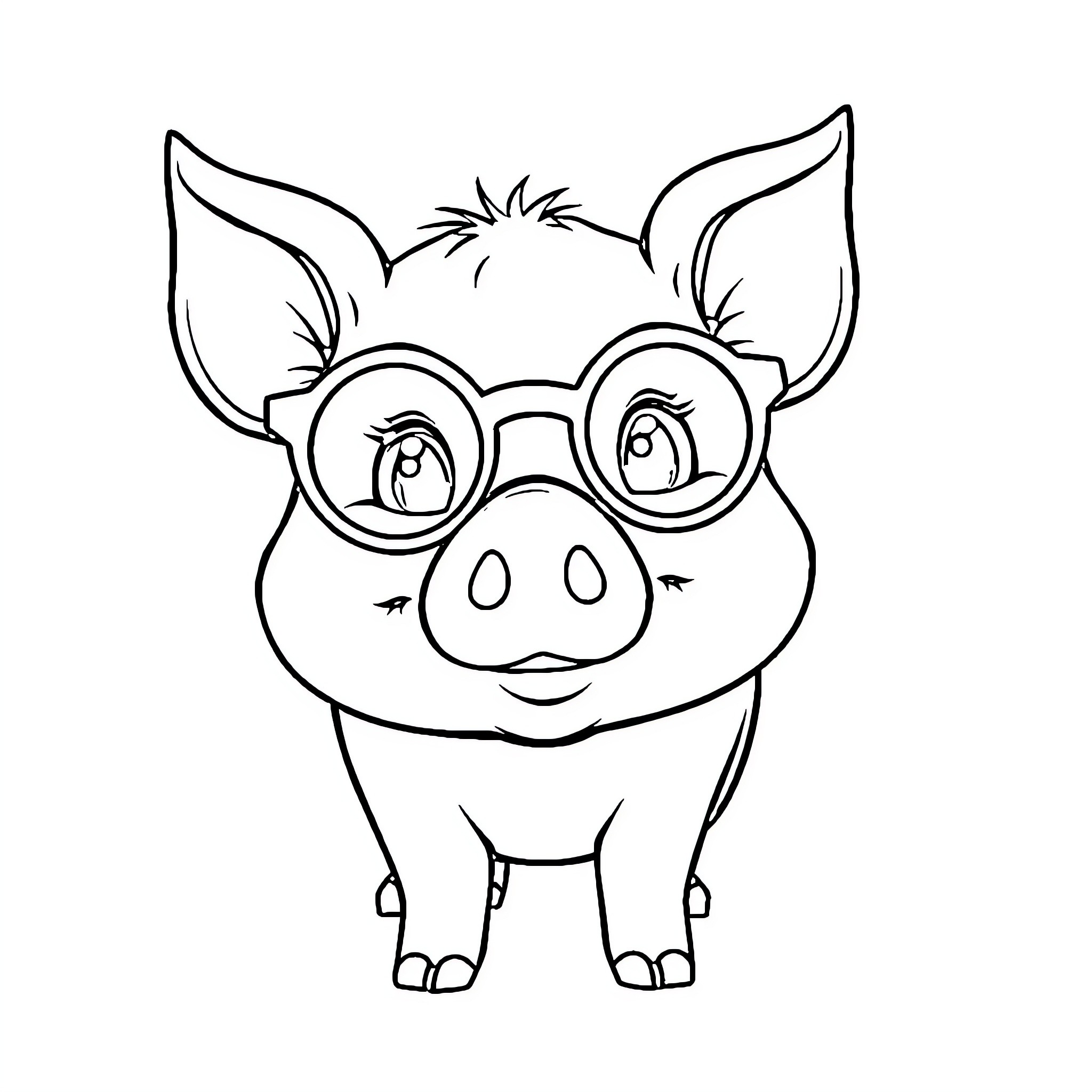Piglet wearing glasses and smiling happily Coloring Page (free black-and-white line drawing printable PDF for all, from beginners to advanced learners, including children, teens, adults, and seniors)