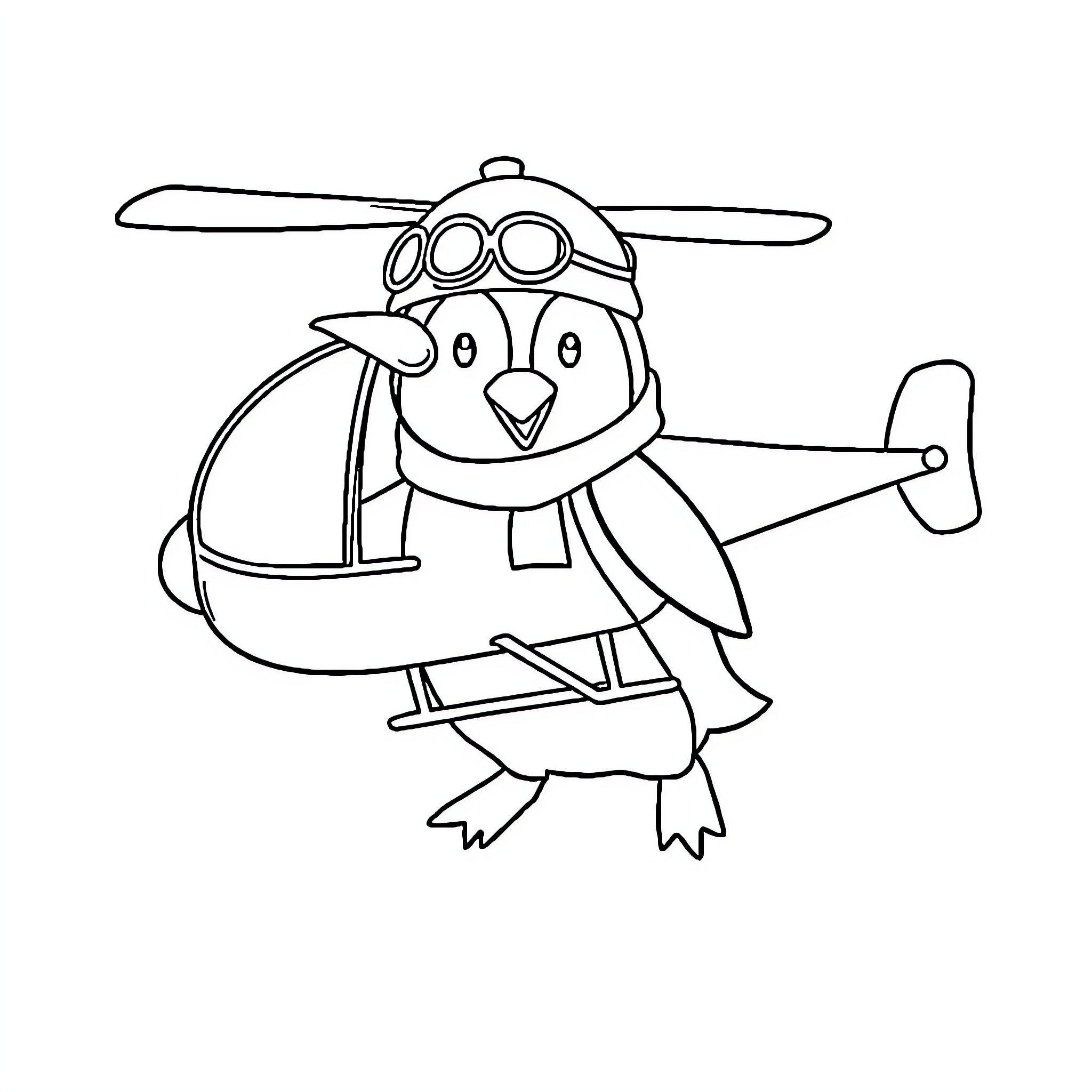 Penguin flying in helicopter-like aircraft Coloring Page (free black-and-white line drawing printable PDF for all, from beginners to advanced learners, including children, teens, adults, and seniors)