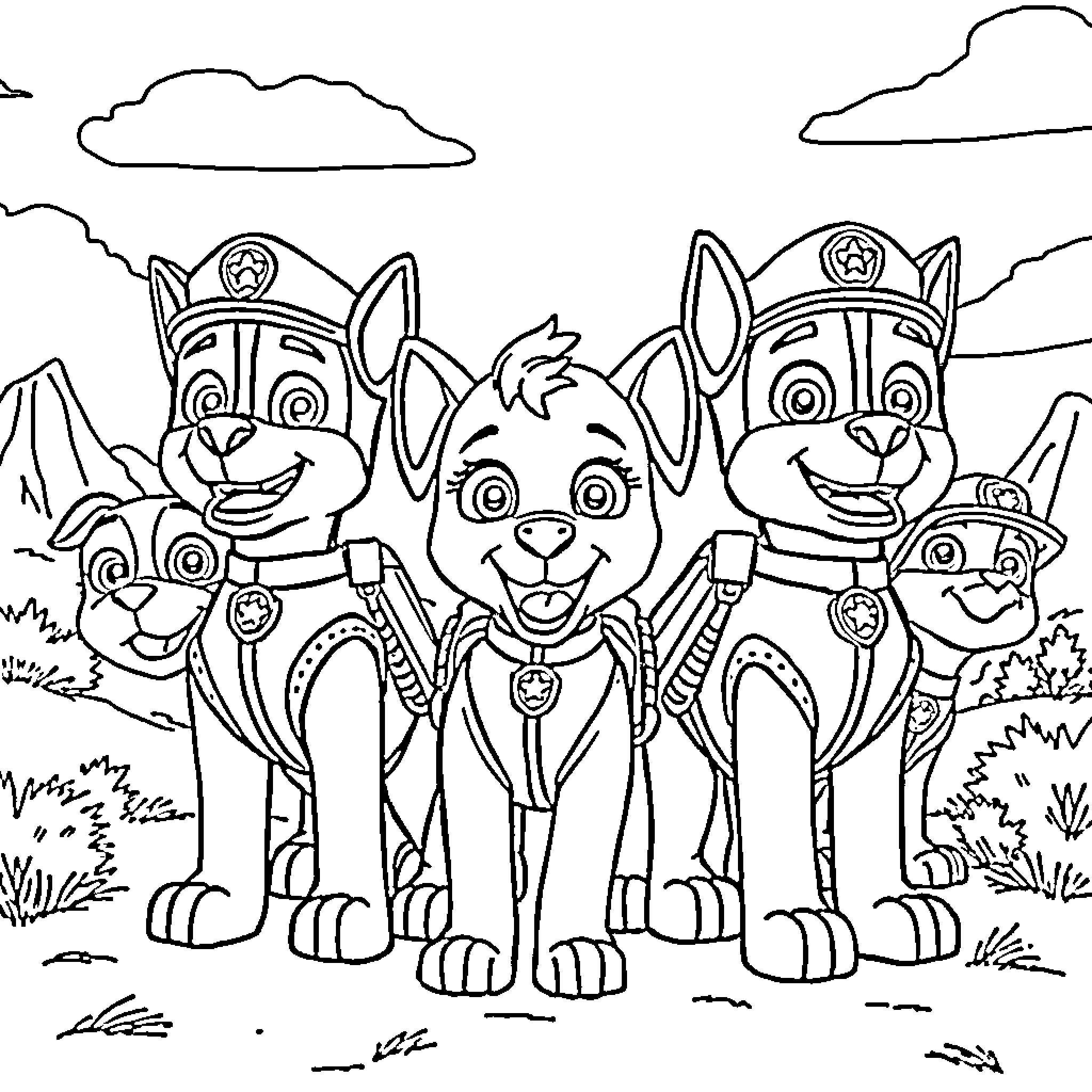 Paw Patrol characters smiling together in a group scene Coloring Page (free black-and-white line drawing printable PDF for all, from beginners to advanced learners, including children, teens, adults, and seniors)