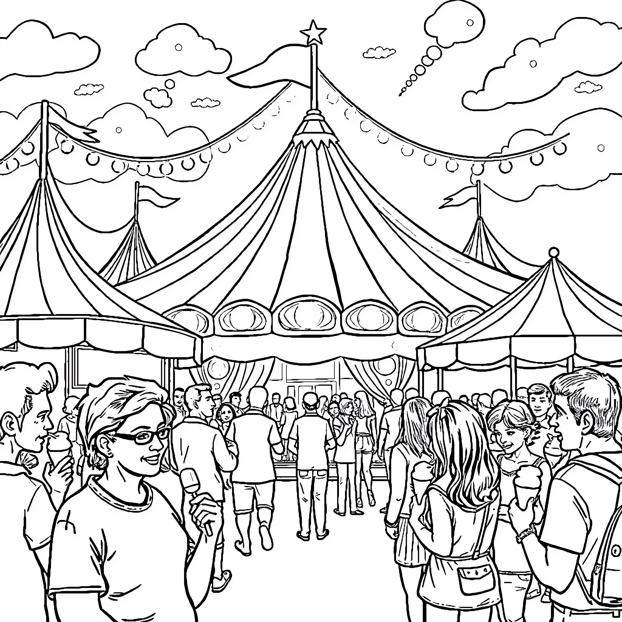 Circus Performers Entertaining the Crowd Coloring Page (free black-and-white line drawing printable PDF for all, from beginners to advanced learners, including children, teens, adults, and seniors)