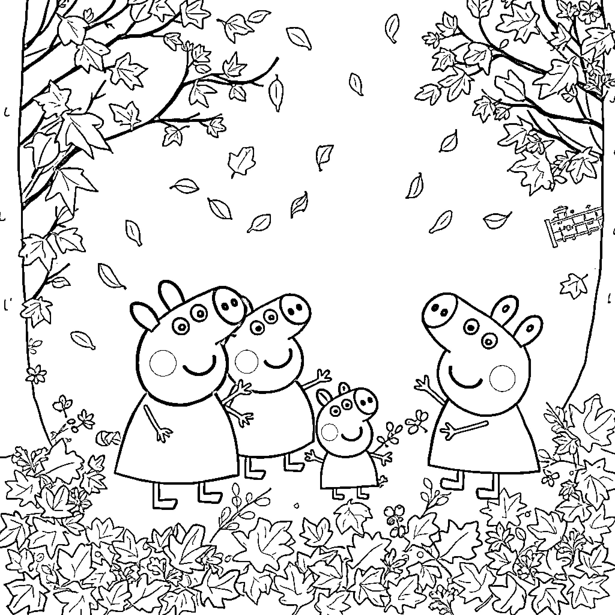 Peppa Pig family enjoying autumn leaves Coloring Page (free black-and-white line drawing printable PDF for all, from beginners to advanced learners, including children, teens, adults, and seniors)