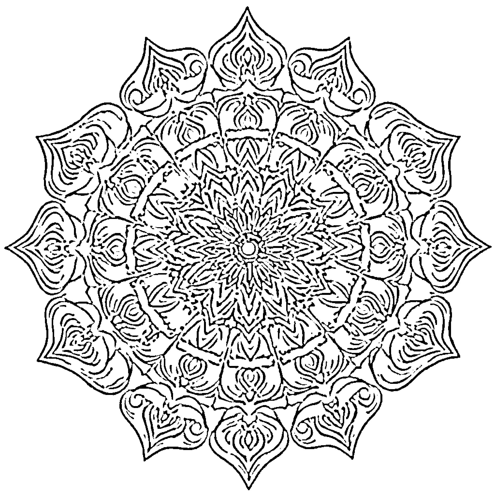 Mandala of intricate floral patterns Coloring Page (free black-and-white line drawing printable PDF for all, from beginners to advanced learners, including children, teens, adults, and seniors)