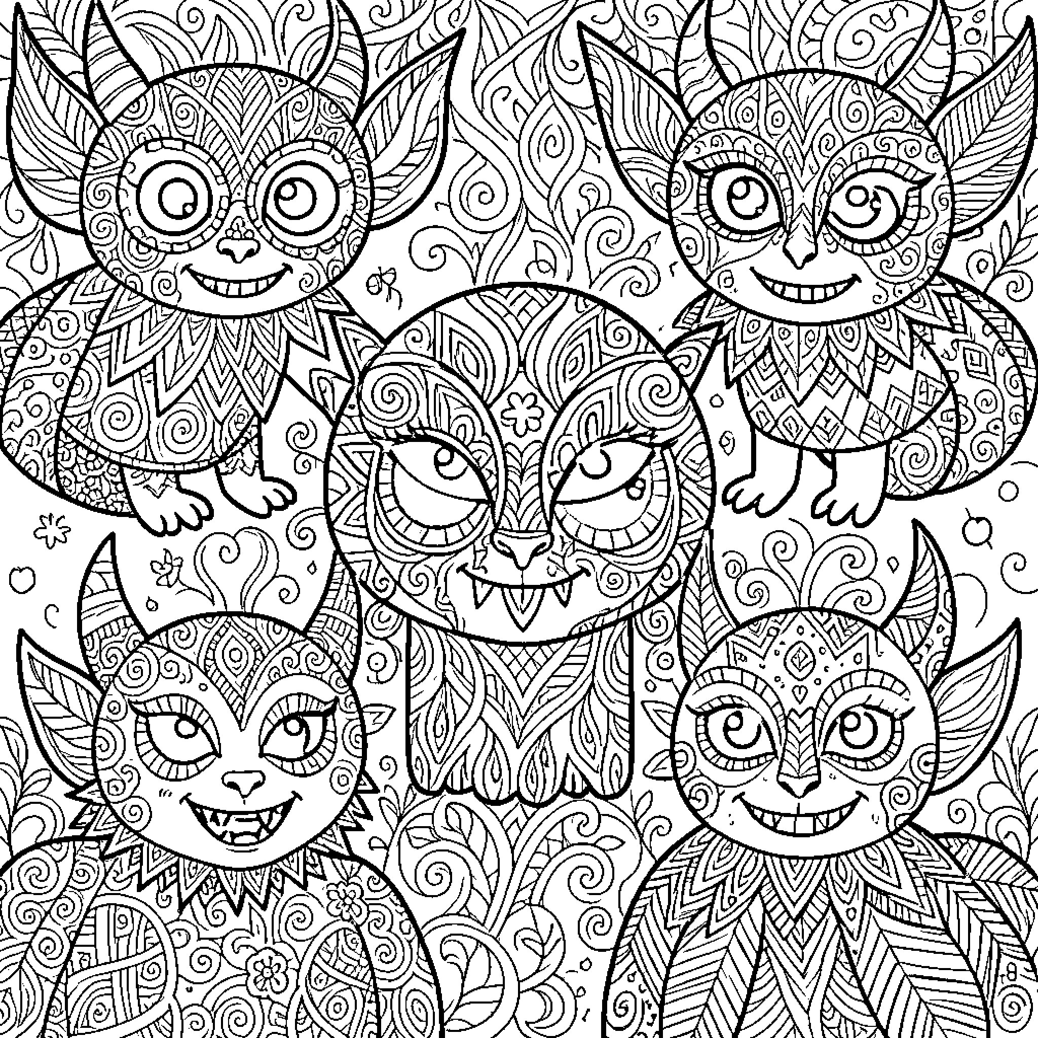 Monster creatures with intricate patterns and expressions Coloring Page (free black-and-white line drawing printable PDF for all, from beginners to advanced learners, including children, teens, adults, and seniors)