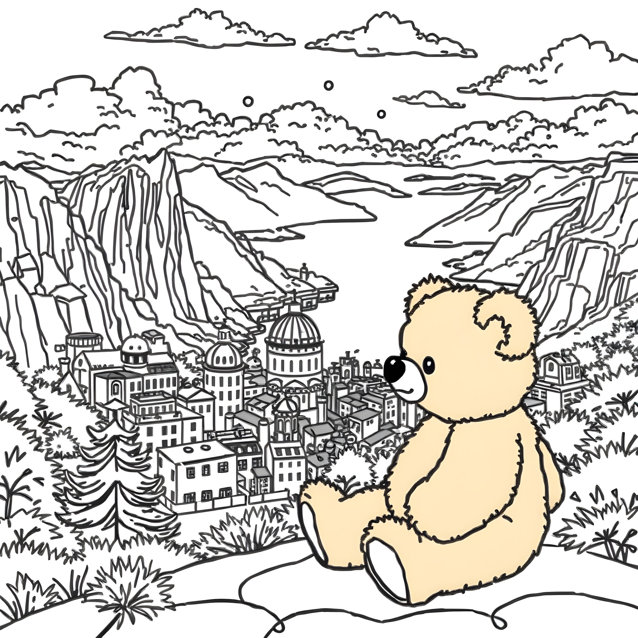 Teddy Bear enjoying the scenic mountain landscape Coloring Page (free black-and-white line drawing printable PDF for all, from beginners to advanced learners, including children, teens, adults, and seniors)