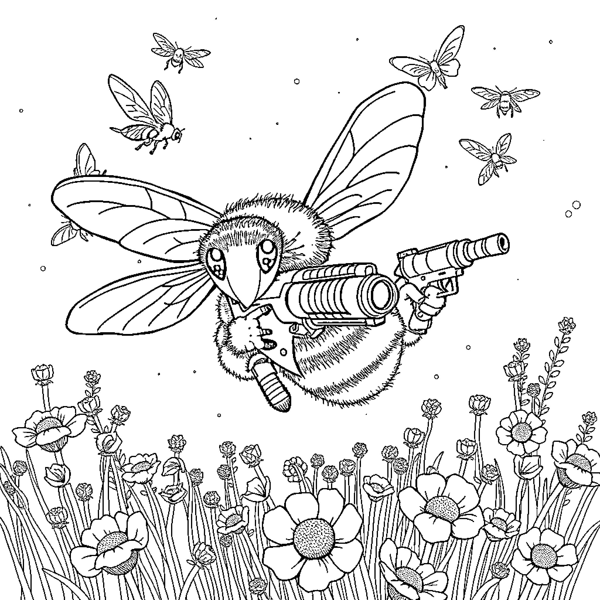 Bee with gadgets flying through flower garden Coloring Page (free black-and-white line drawing printable PDF for all, from beginners to advanced learners, including children, teens, adults, and seniors)