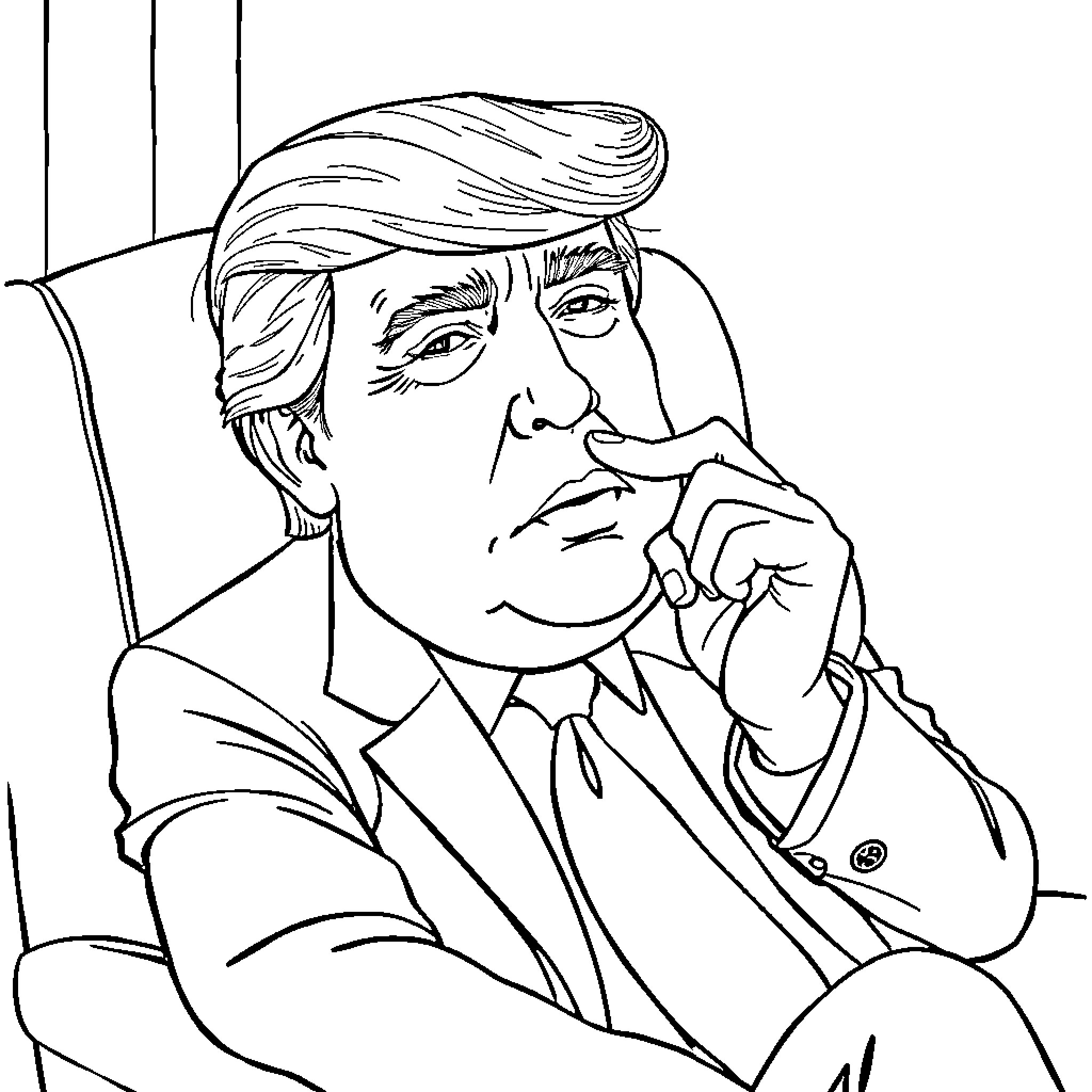 Donald Trump contemplating deeply in the office Coloring Page (free black-and-white line drawing printable PDF for all, from beginners to advanced learners, including children, teens, adults, and seniors)