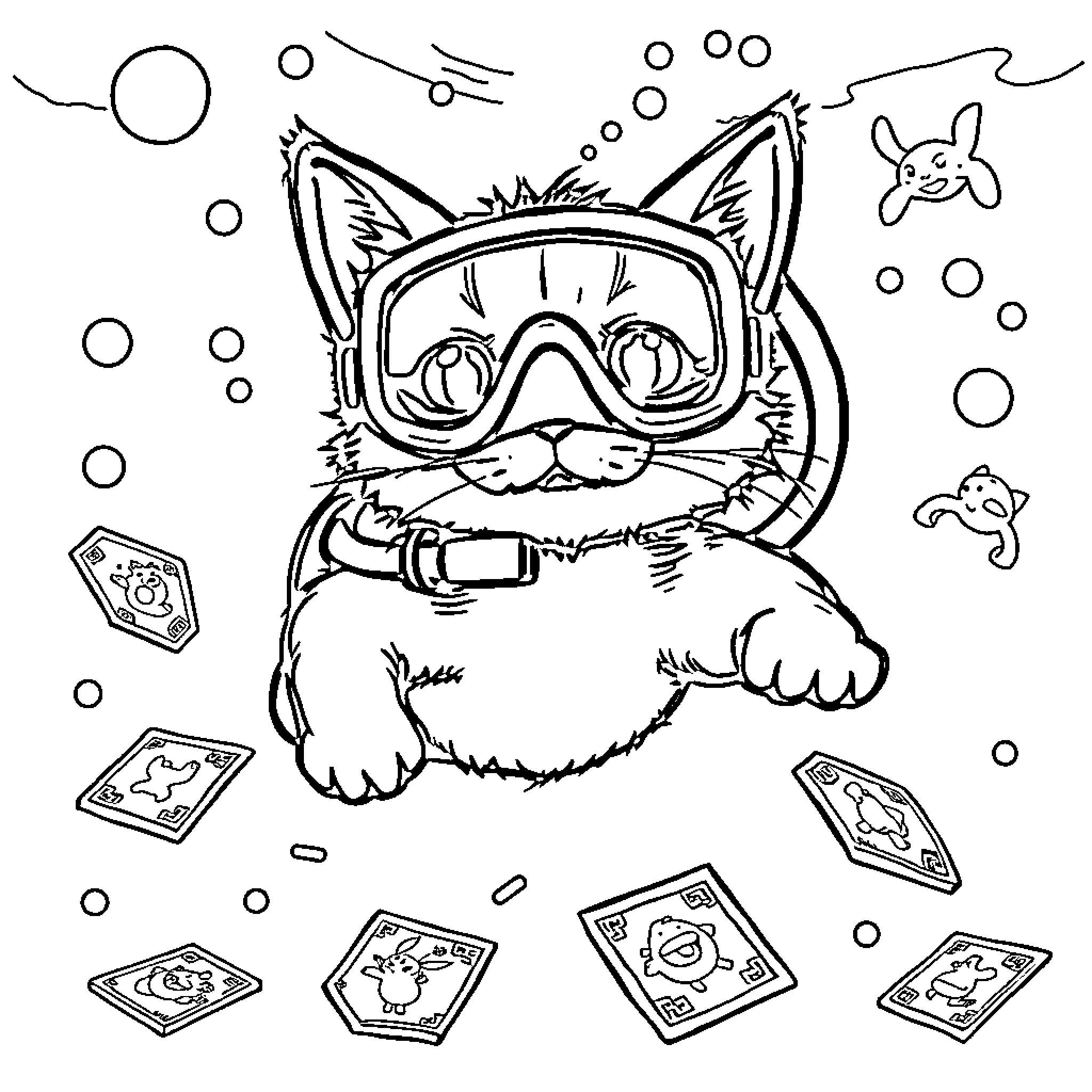 Cat playing with magic cards in a whimsical scene Coloring Page (free black-and-white line drawing printable PDF for all, from beginners to advanced learners, including children, teens, adults, and seniors)