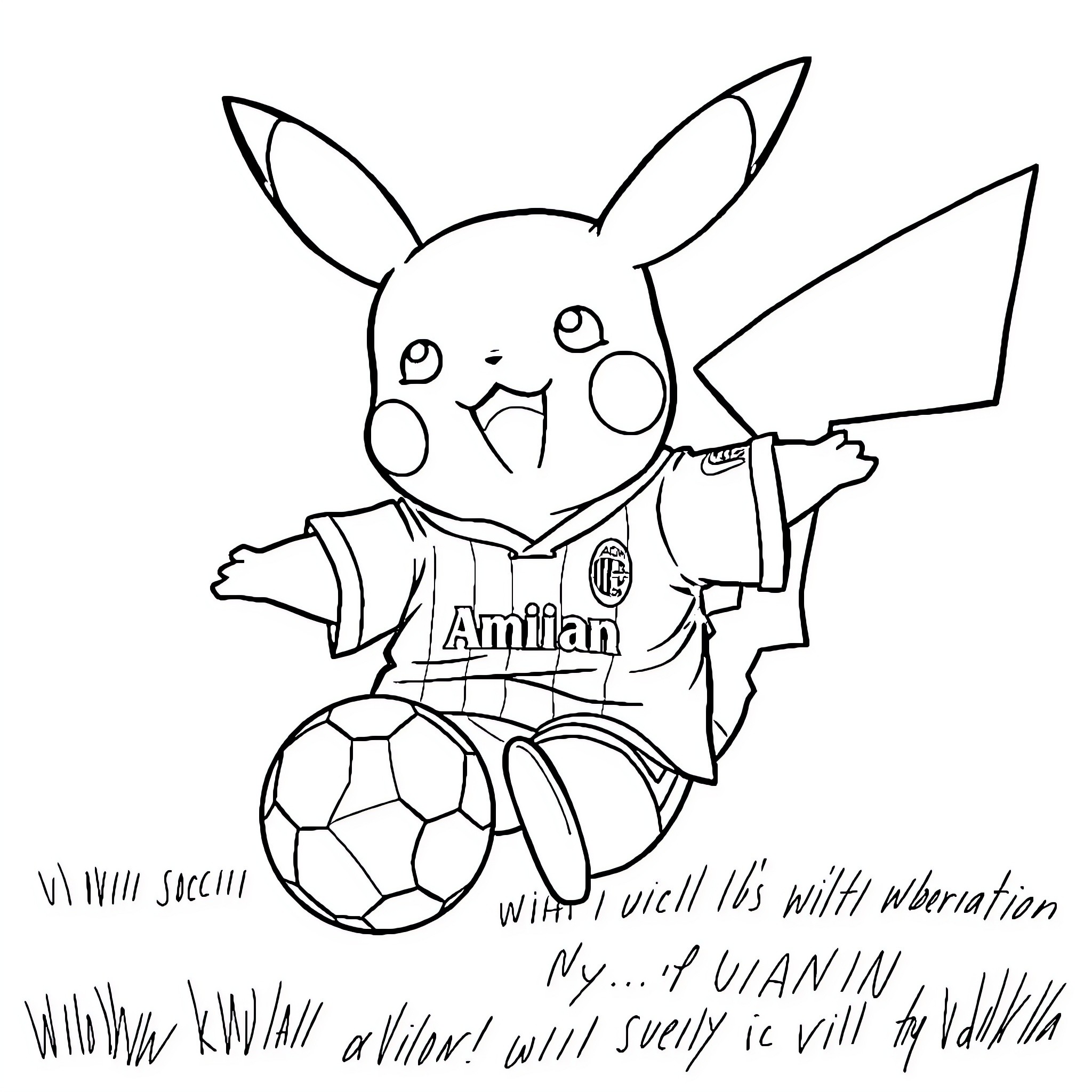 Pikachu playing football with enthusiasm Coloring Page (free black-and-white line drawing printable PDF for all, from beginners to advanced learners, including children, teens, adults, and seniors)