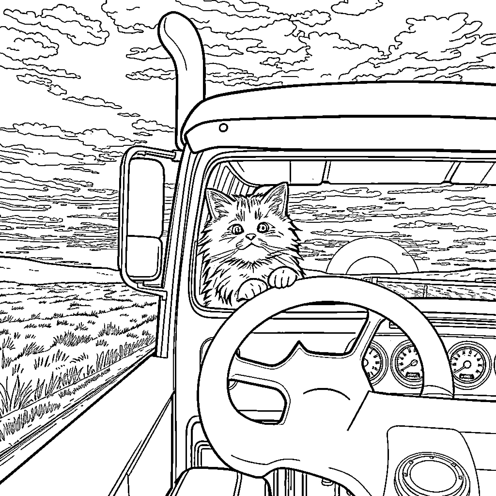 Cat riding in a car on a countryside road Coloring Page (free black-and-white line drawing printable PDF for all, from beginners to advanced learners, including children, teens, adults, and seniors)