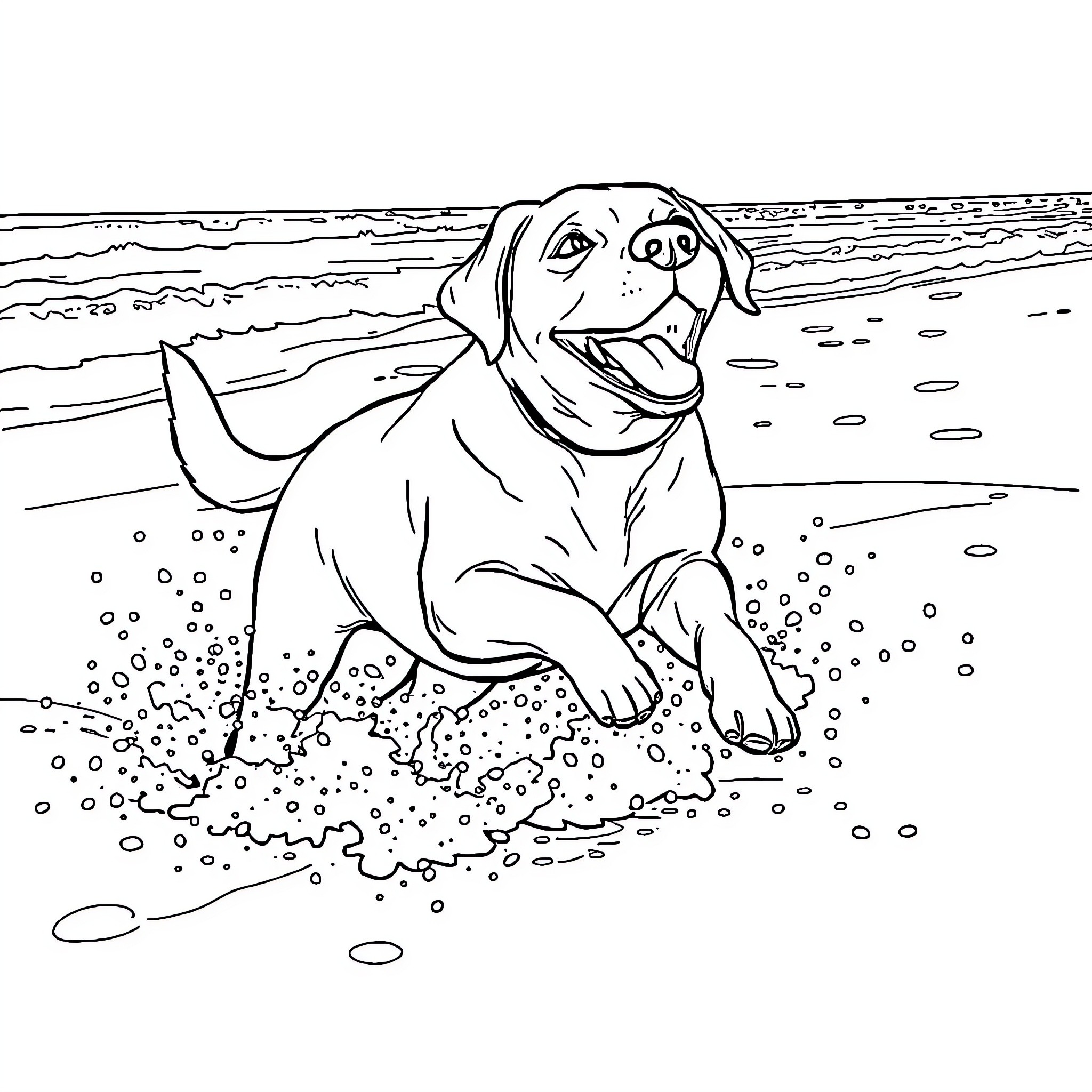 Labrador splashing joyfully in the waves Coloring Page (free black-and-white line drawing printable PDF for all, from beginners to advanced learners, including children, teens, adults, and seniors)
