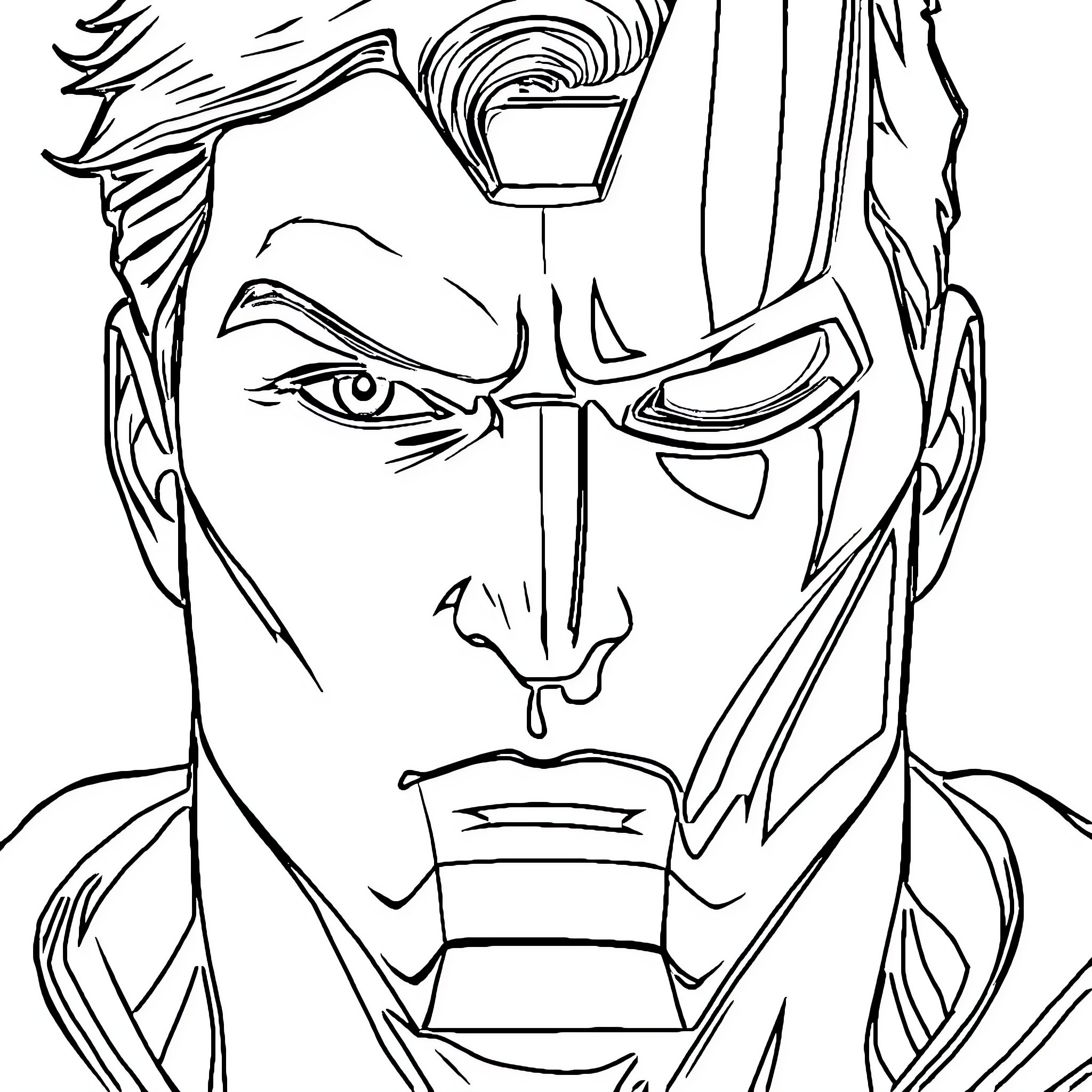 Superhero with intense gaze and determined expression Coloring Page (free black-and-white line drawing printable PDF for all, from beginners to advanced learners, including children, teens, adults, and seniors)