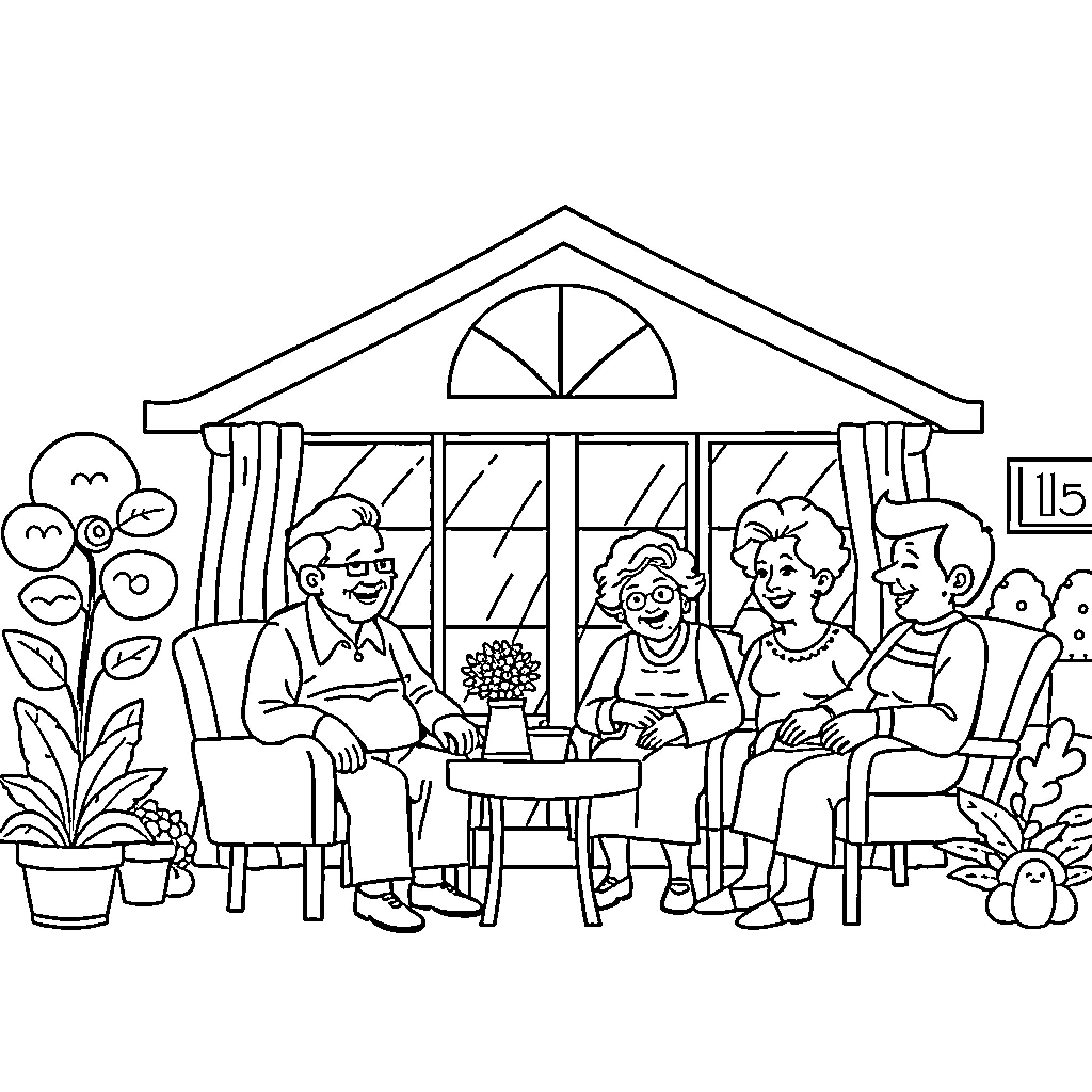 Retirement Home Residents Enjoying Social Activities Coloring Page (free black-and-white line drawing printable PDF for all, from beginners to advanced learners, including children, teens, adults, and seniors)