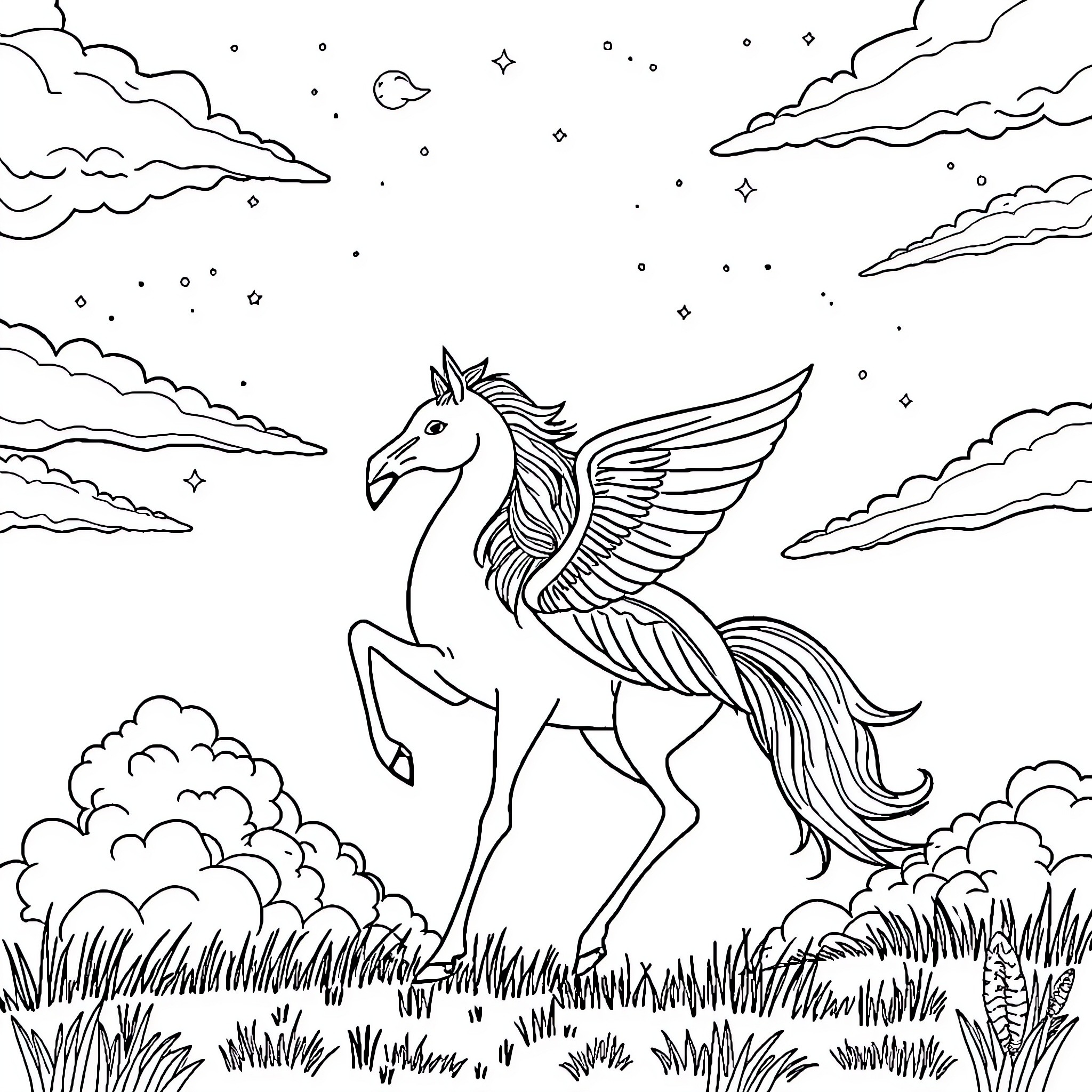 Flamingo-like Winged Creature in Starry Night Landscape Coloring Page (free black-and-white line drawing printable PDF for all, from beginners to advanced learners, including children, teens, adults, and seniors)