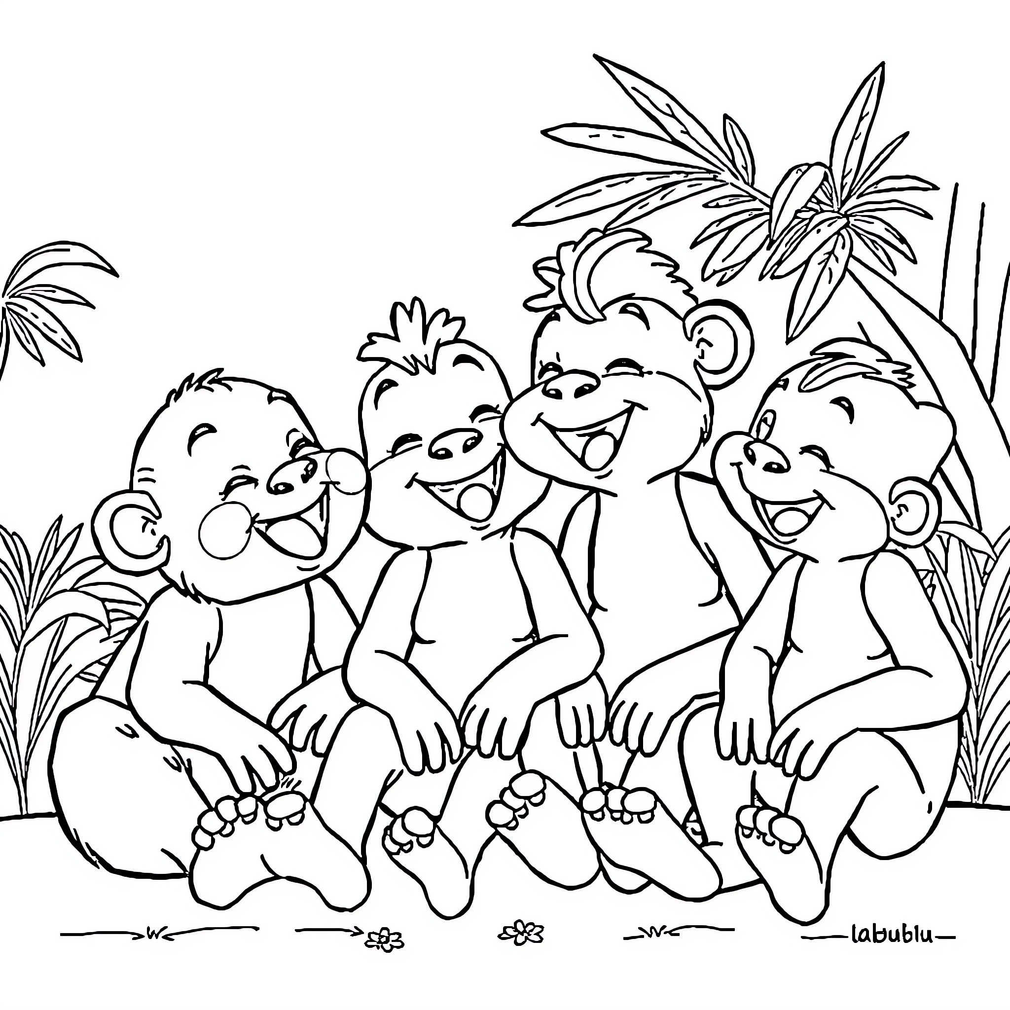 Labubu's Playful Primate Pals in the Jungle Coloring Page (free black-and-white line drawing printable PDF for all, from beginners to advanced learners, including children, teens, adults, and seniors)