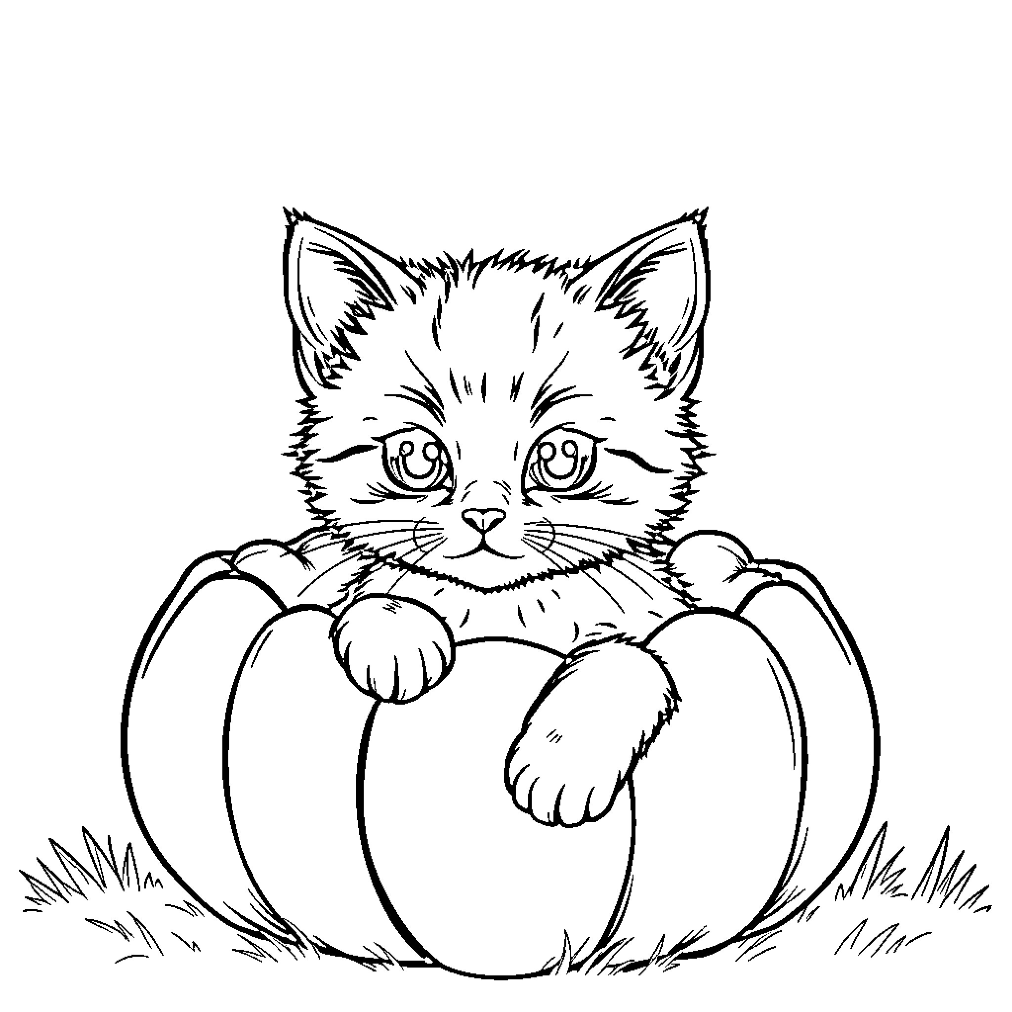 Kitty Peeping Out from Pumpkin Coloring Page (free black-and-white line drawing printable PDF for all, from beginners to advanced learners, including children, teens, adults, and seniors)