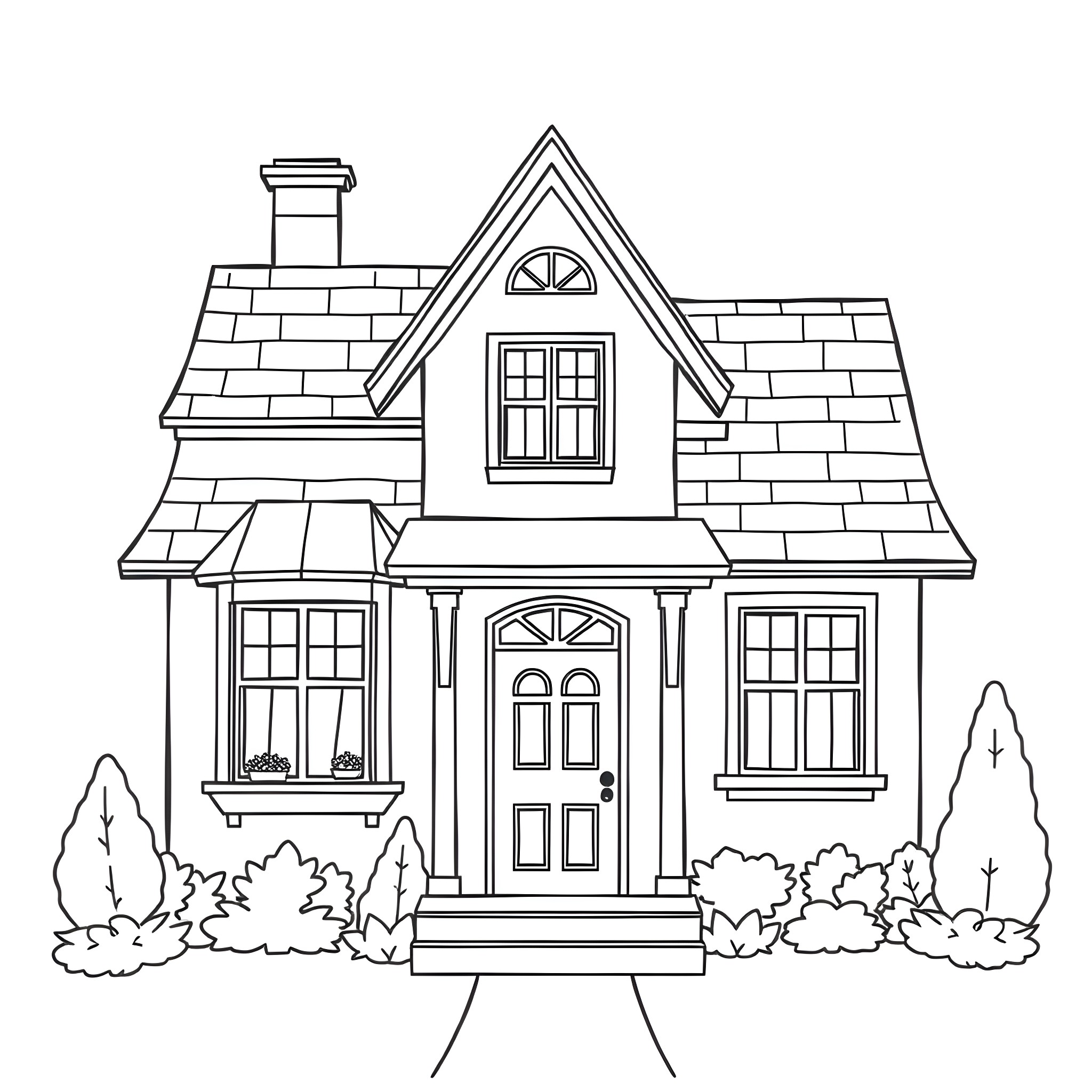 House with detailed architectural features Coloring Page (free black-and-white line drawing printable PDF for all, from beginners to advanced learners, including children, teens, adults, and seniors)