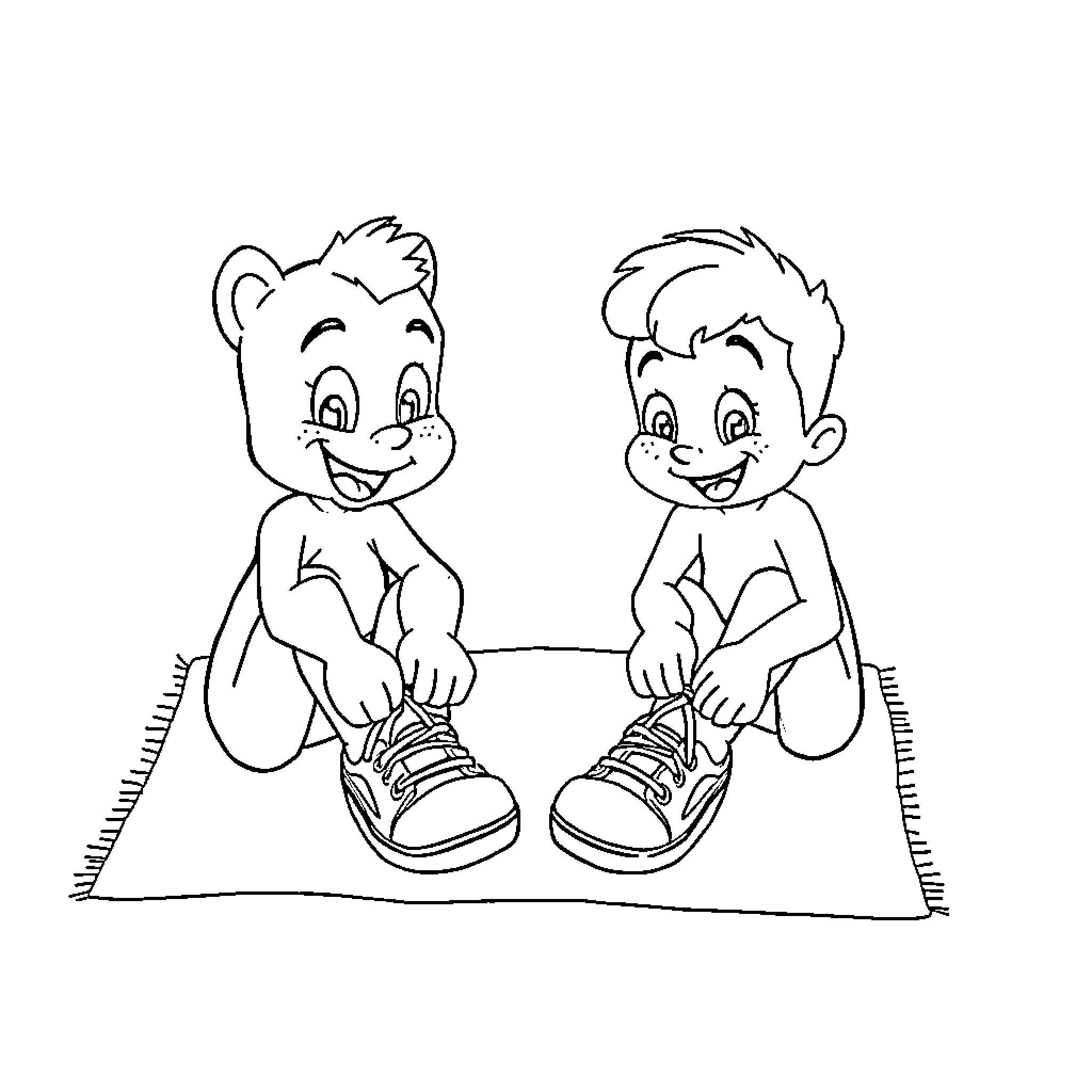 Bluey and friends having fun tying their shoes Coloring Page (free black-and-white line drawing printable PDF for all, from beginners to advanced learners, including children, teens, adults, and seniors)