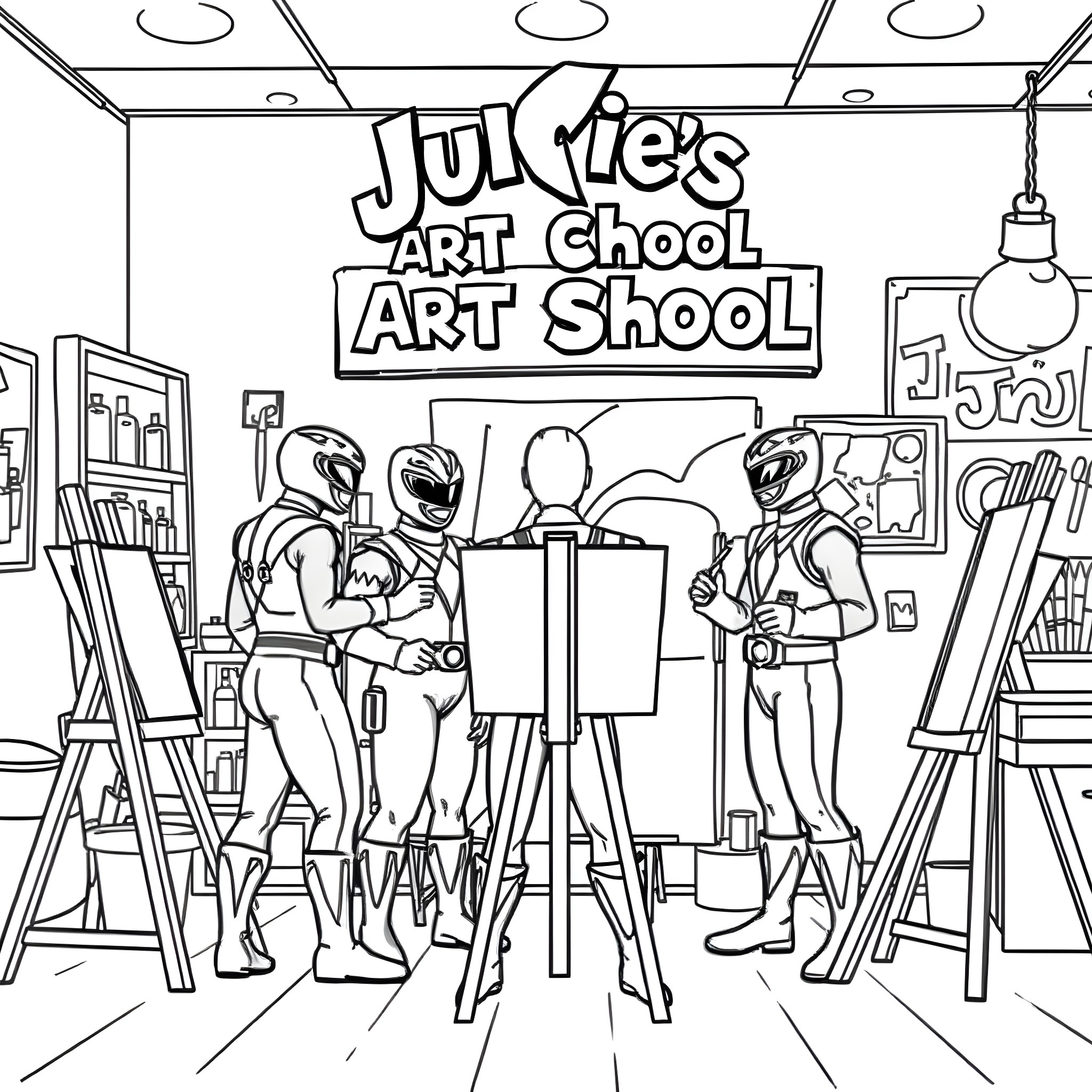 Power Rangers learning art at Jukies Art School Coloring Page (free black-and-white line drawing printable PDF for all, from beginners to advanced learners, including children, teens, adults, and seniors)