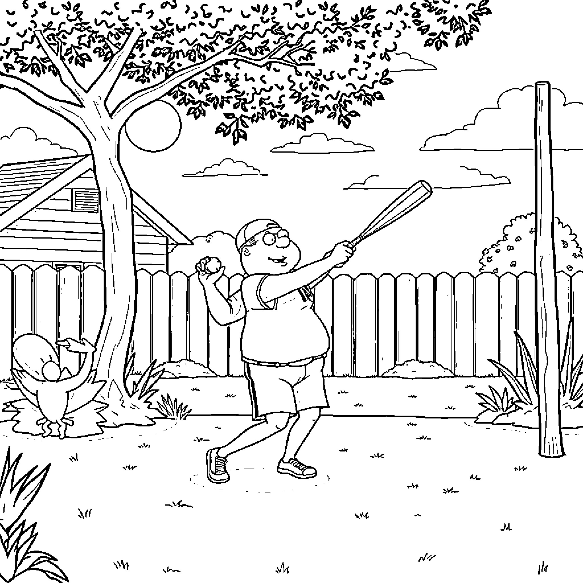 Roger playing happily with a baseball bat in the backyard Coloring Page (free black-and-white line drawing printable PDF for all, from beginners to advanced learners, including children, teens, adults, and seniors)