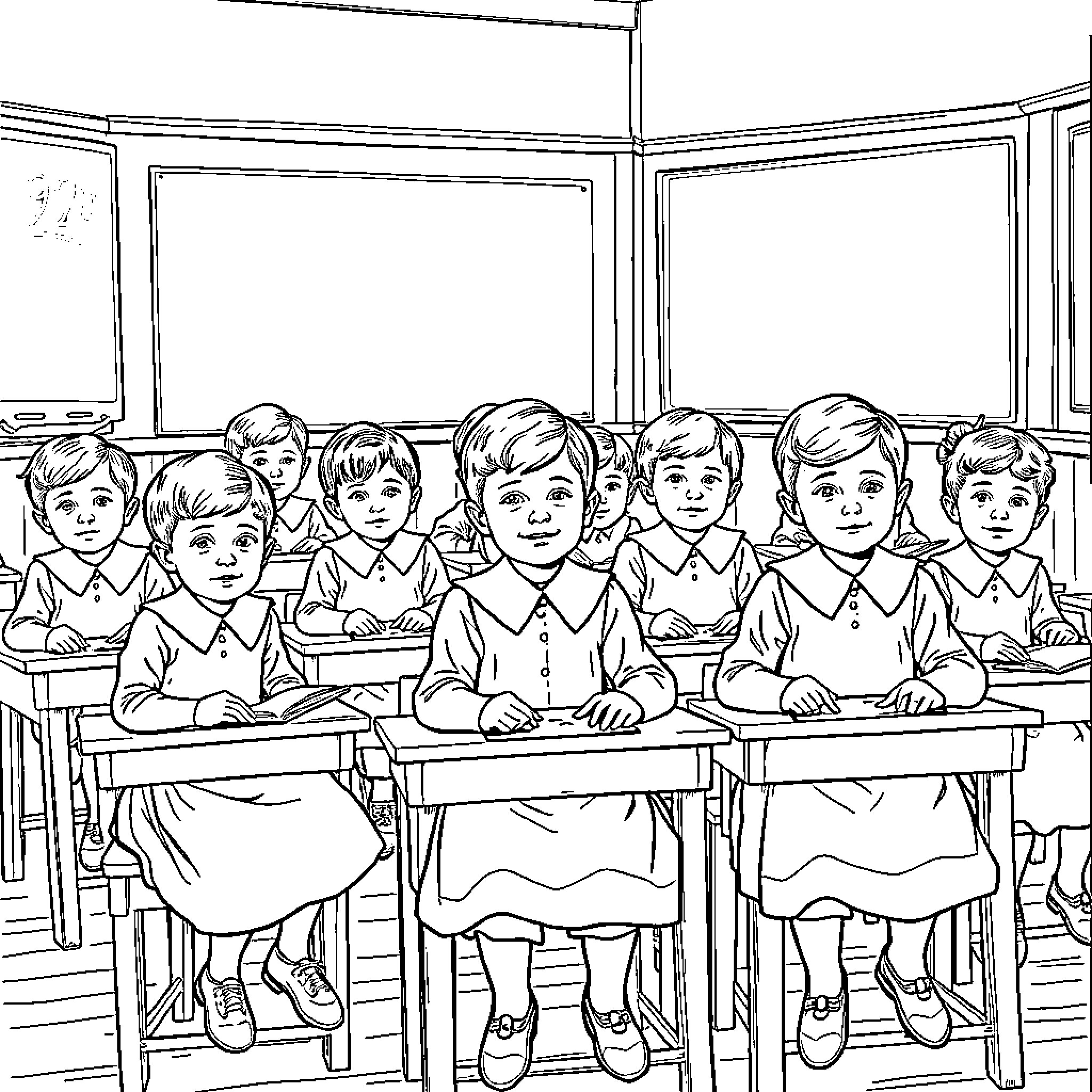 Children in a classroom setting Coloring Page (free black-and-white line drawing printable PDF for all, from beginners to advanced learners, including children, teens, adults, and seniors)