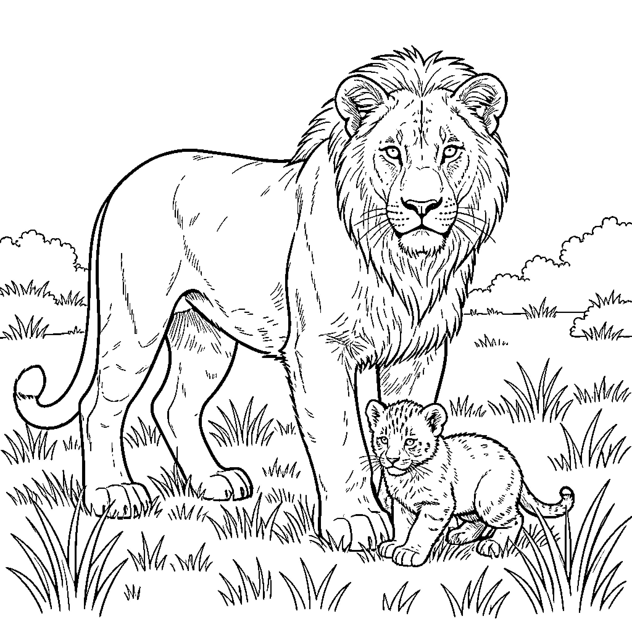 Lionne and her cub standing in the wild grass Coloring Page (free black-and-white line drawing printable PDF for all, from beginners to advanced learners, including children, teens, adults, and seniors)