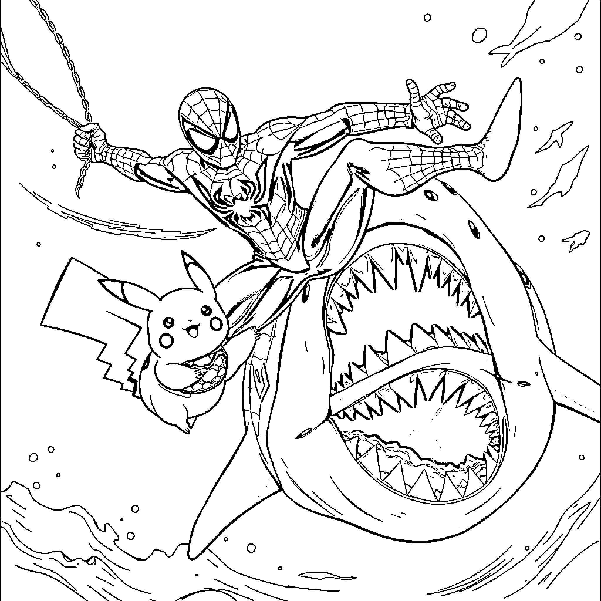 Spiderman swinging through the ocean with Pikachu Coloring Page (free black-and-white line drawing printable PDF for all, from beginners to advanced learners, including children, teens, adults, and seniors)
