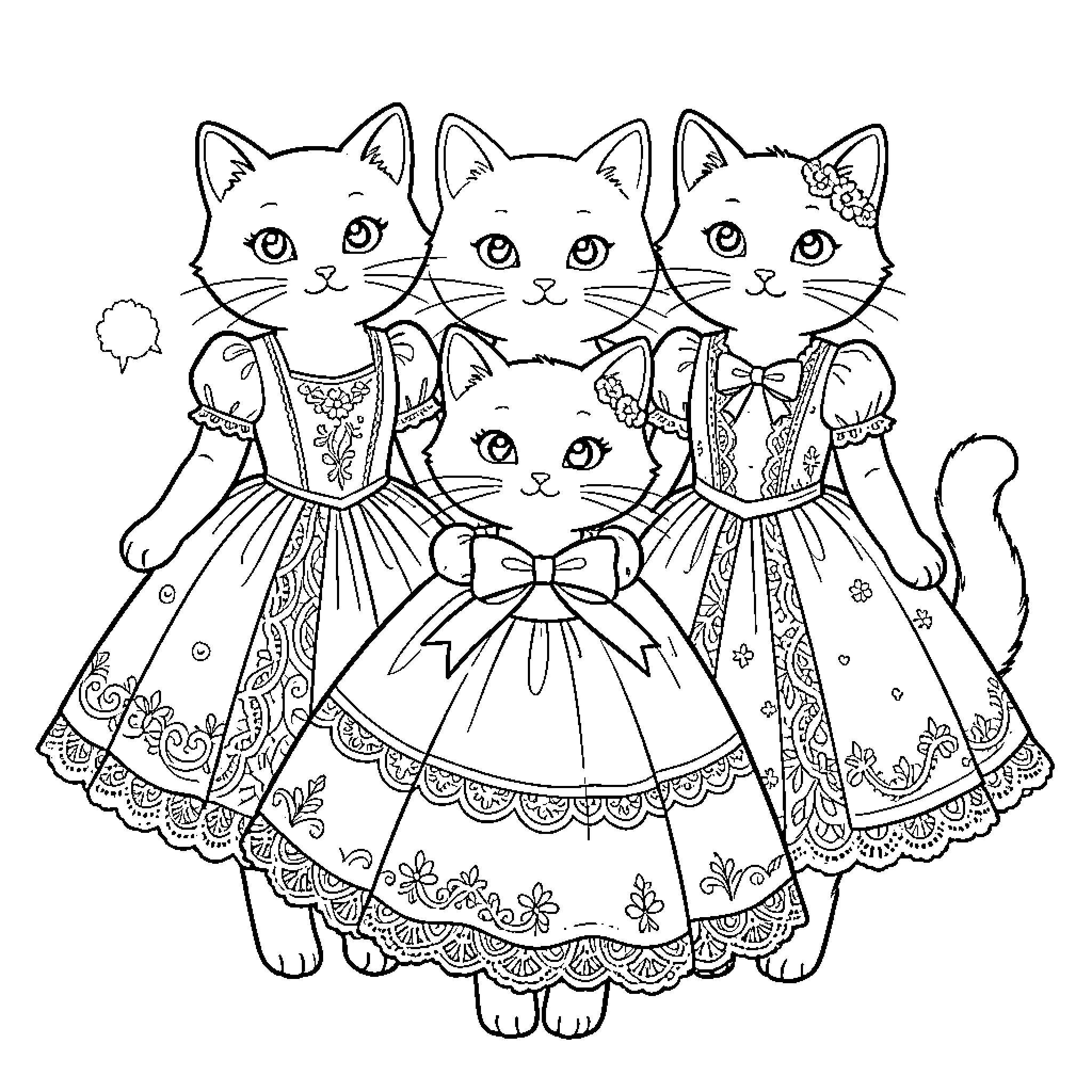 Cats in Elegant Dresses and Bows Coloring Page (free black-and-white line drawing printable PDF for all, from beginners to advanced learners, including children, teens, adults, and seniors)