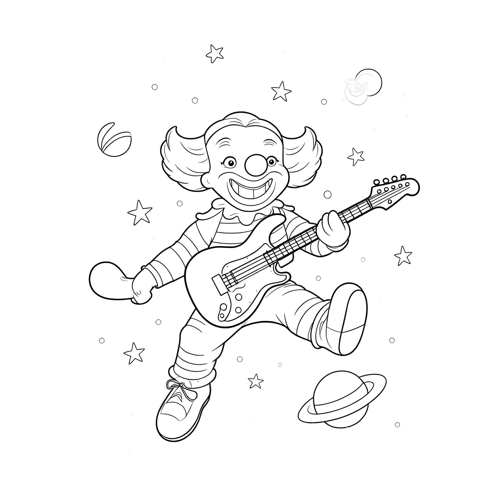 Clown playing guitar with stars and planets Coloring Page (free black-and-white line drawing printable PDF for all, from beginners to advanced learners, including children, teens, adults, and seniors)