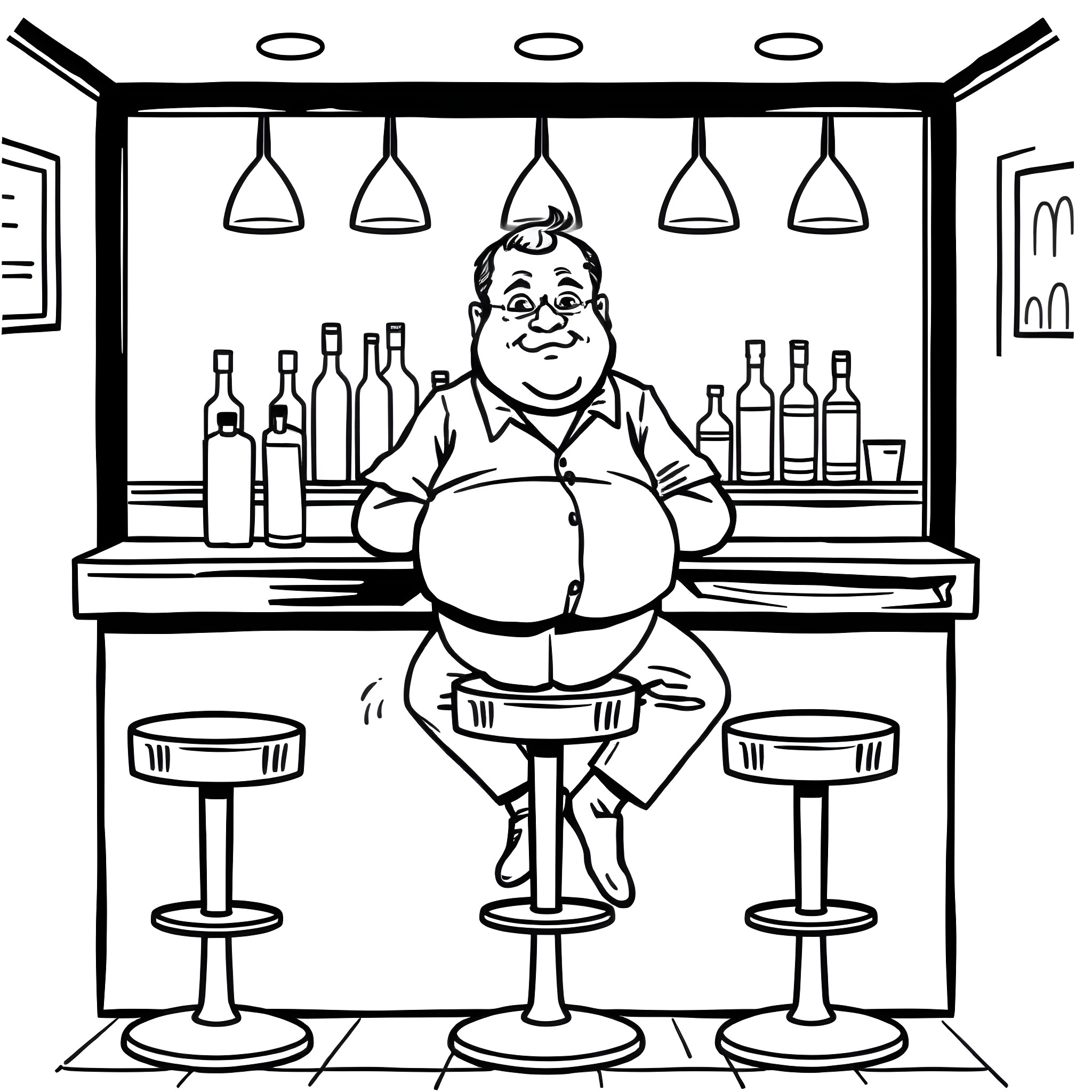 Man enjoying drinks at the bar Coloring Page (free black-and-white line drawing printable PDF for all, from beginners to advanced learners, including children, teens, adults, and seniors)