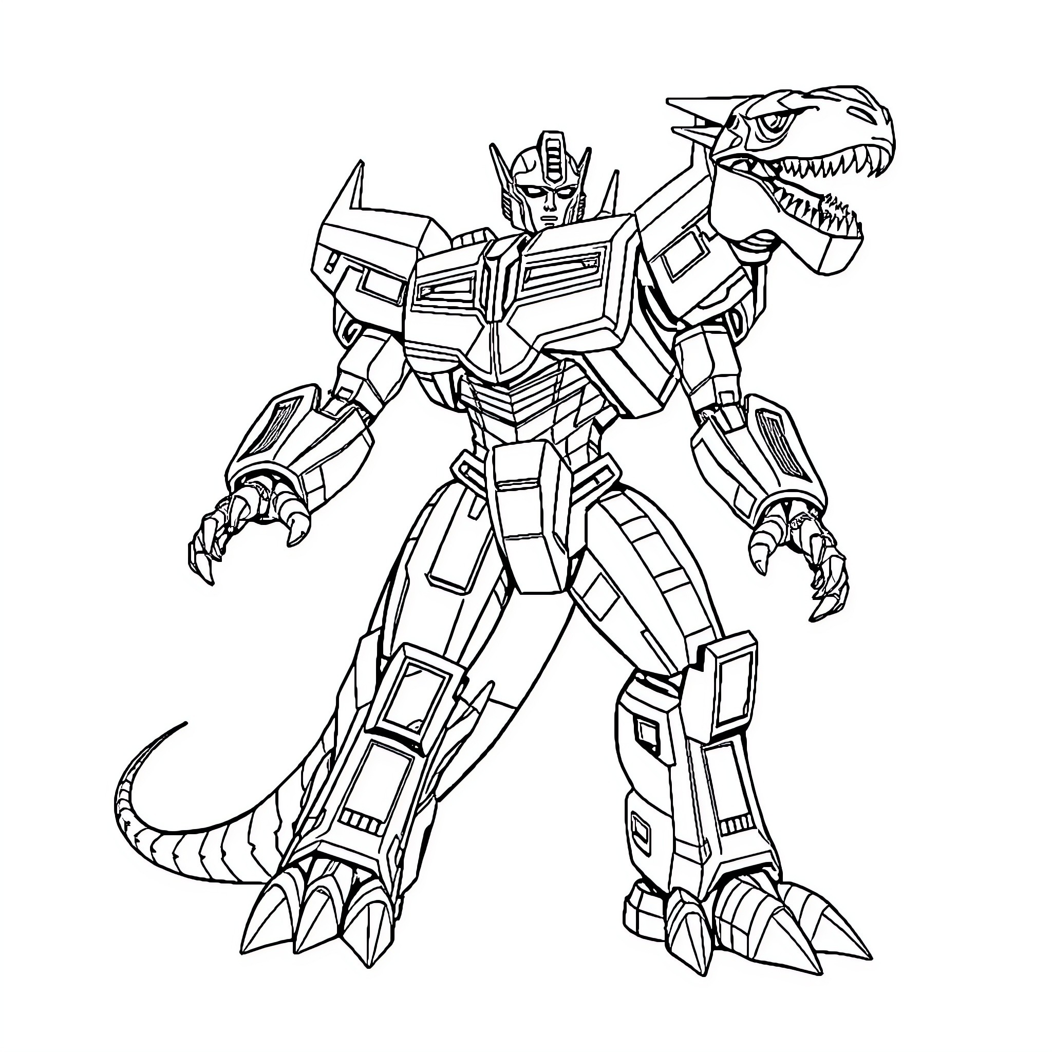 Dinobot warrior robot in battle-ready pose Coloring Page (free black-and-white line drawing printable PDF for all, from beginners to advanced learners, including children, teens, adults, and seniors)