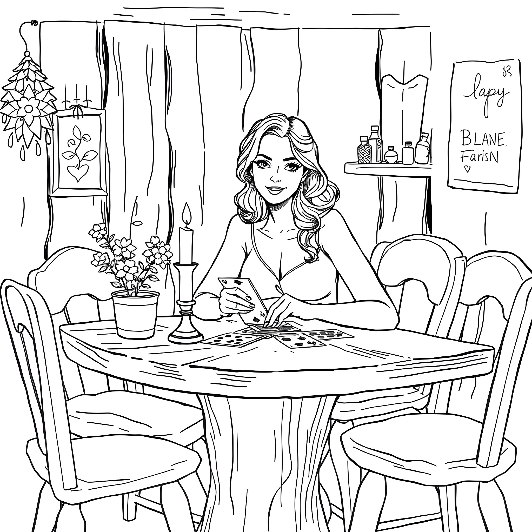 Woman relaxing at home with a cup of coffee Coloring Page (free black-and-white line drawing printable PDF for all, from beginners to advanced learners, including children, teens, adults, and seniors)