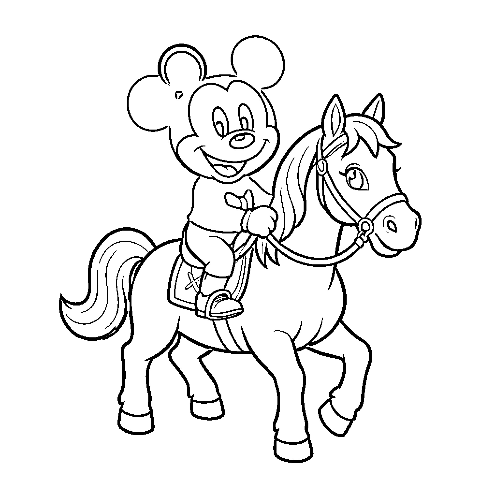 Mickey Mouse riding a horse with a happy expression Coloring Page (free black-and-white line drawing printable PDF for all, from beginners to advanced learners, including children, teens, adults, and seniors)