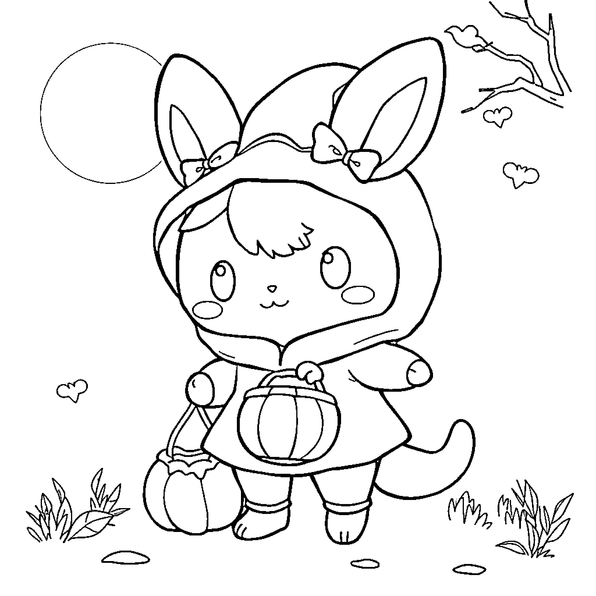 Cinnamoroll wearing a bunny costume in the park Coloring Page (free black-and-white line drawing printable PDF for all, from beginners to advanced learners, including children, teens, adults, and seniors)